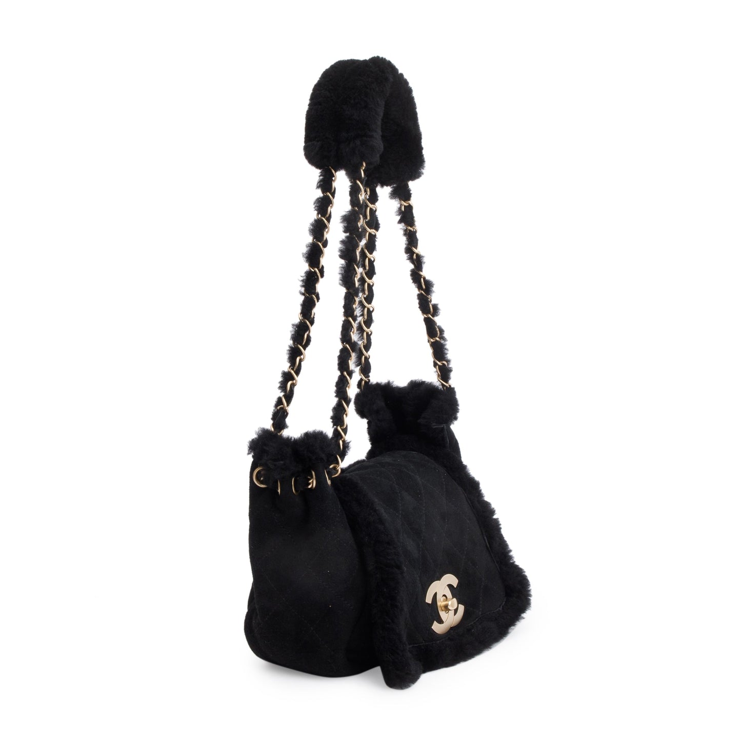 Chanel Black Quilted Nubuck Shearling CC Flap Bag