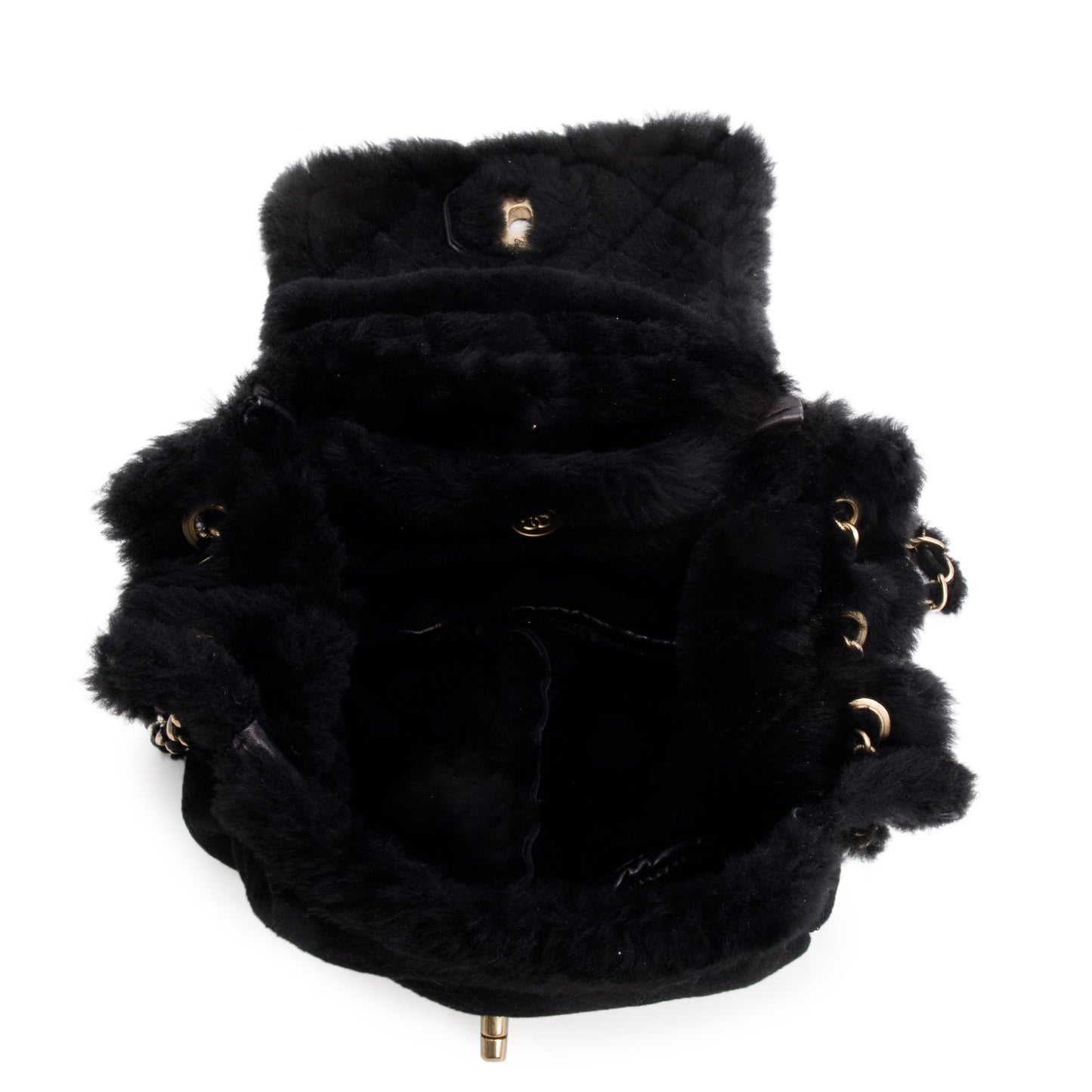Chanel Black Quilted Nubuck Shearling CC Flap Bag