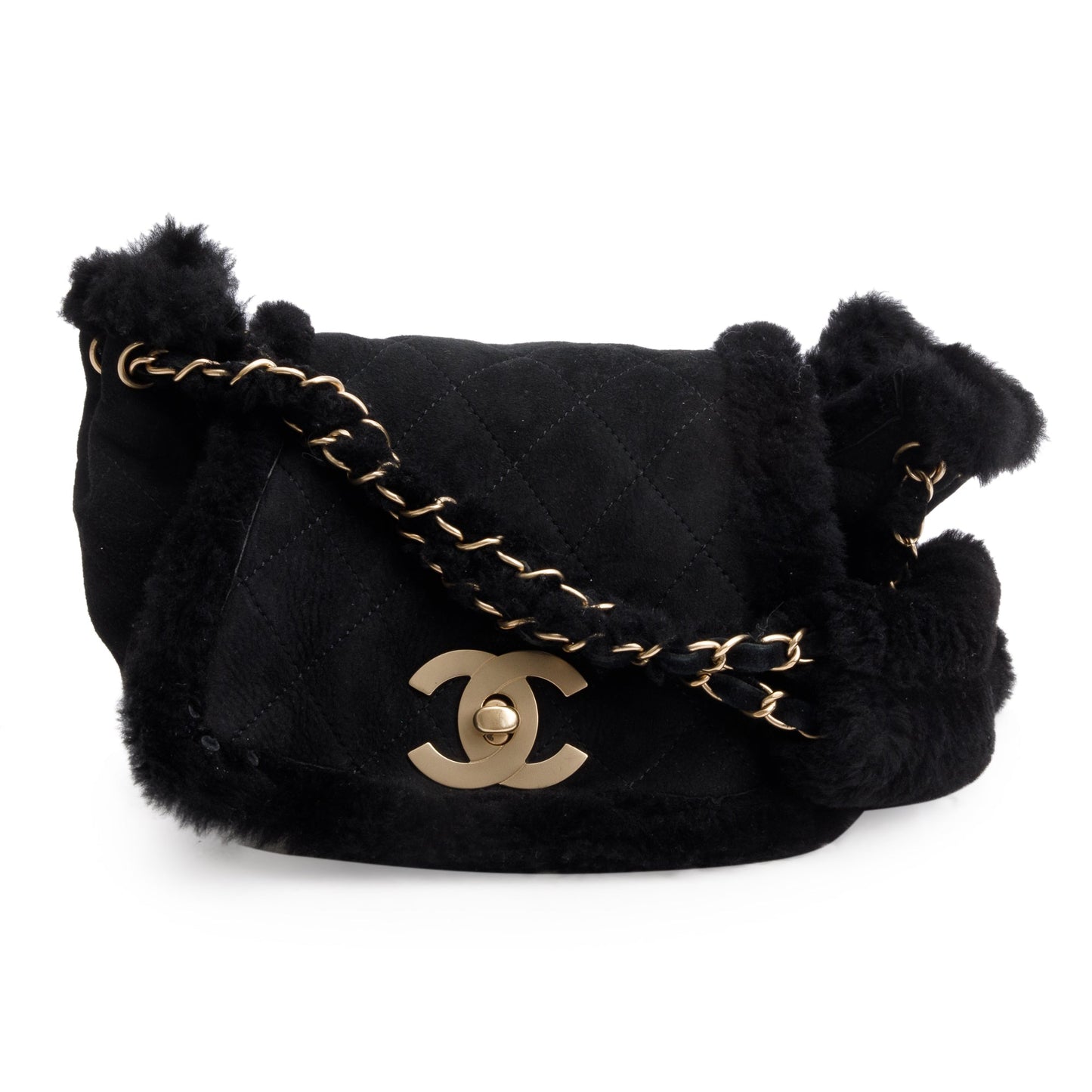 Chanel Black Quilted Nubuck Shearling CC Flap Bag
