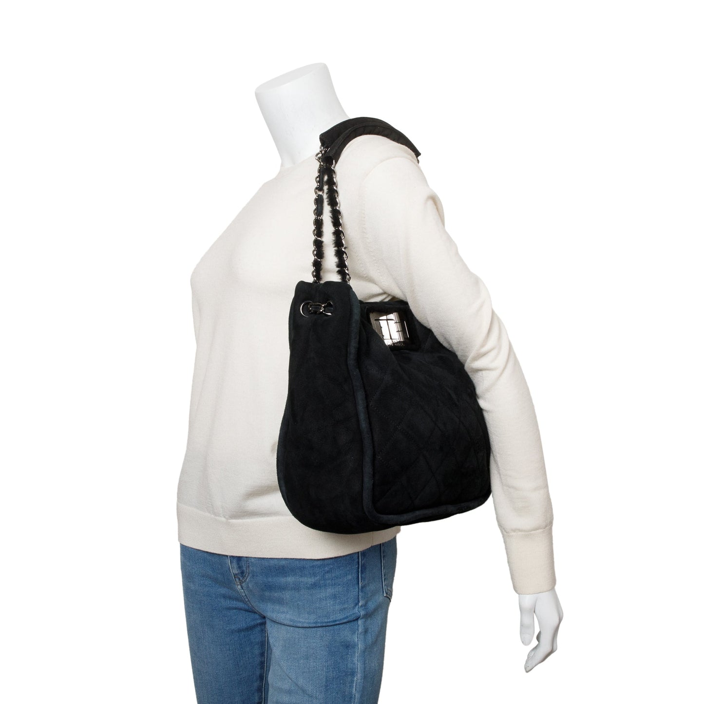 Chanel Black Quilted Nubuck Shearling Medium Reissue Tote
