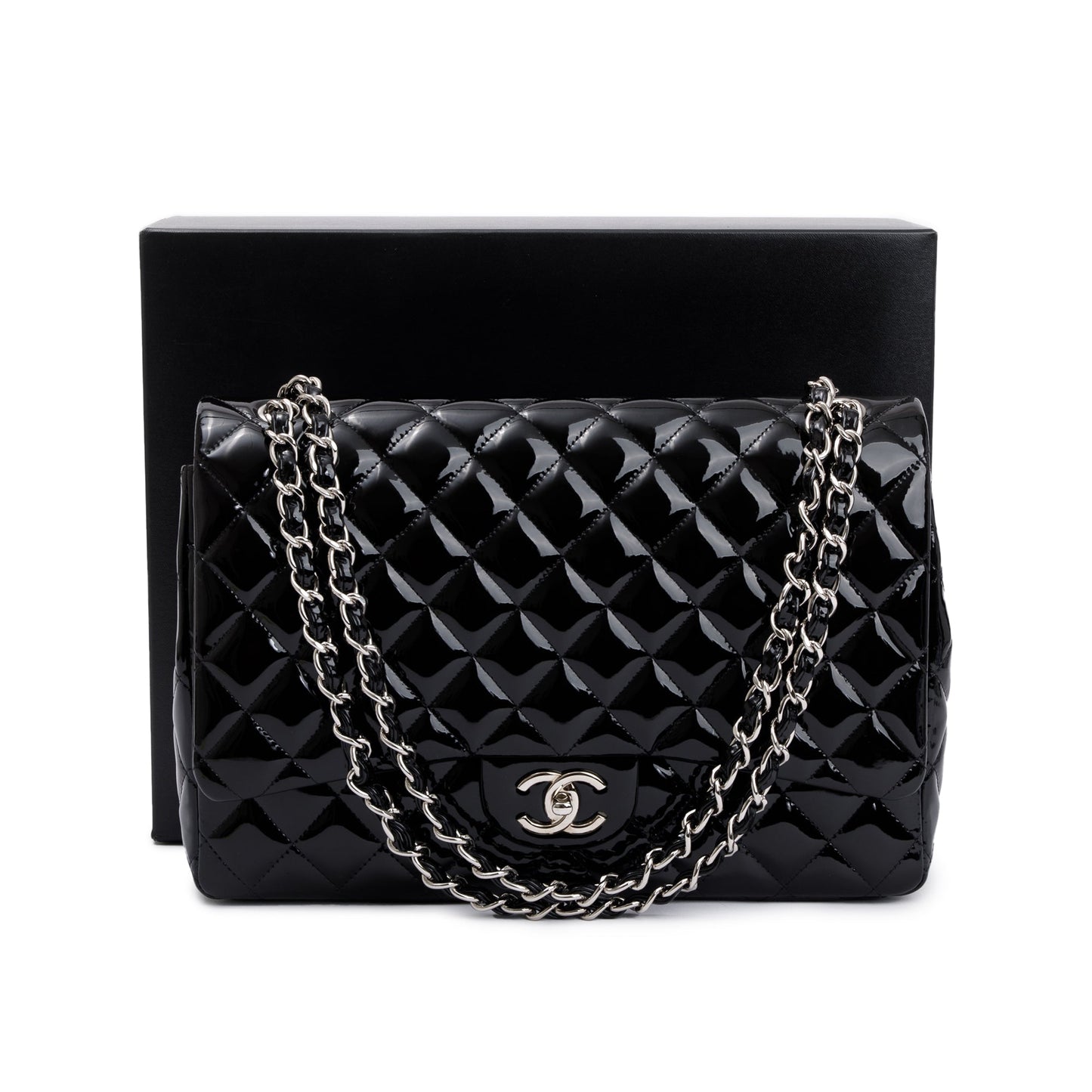 Chanel Black Quilted Patent Leather Classic Maxi Double Flap Bag