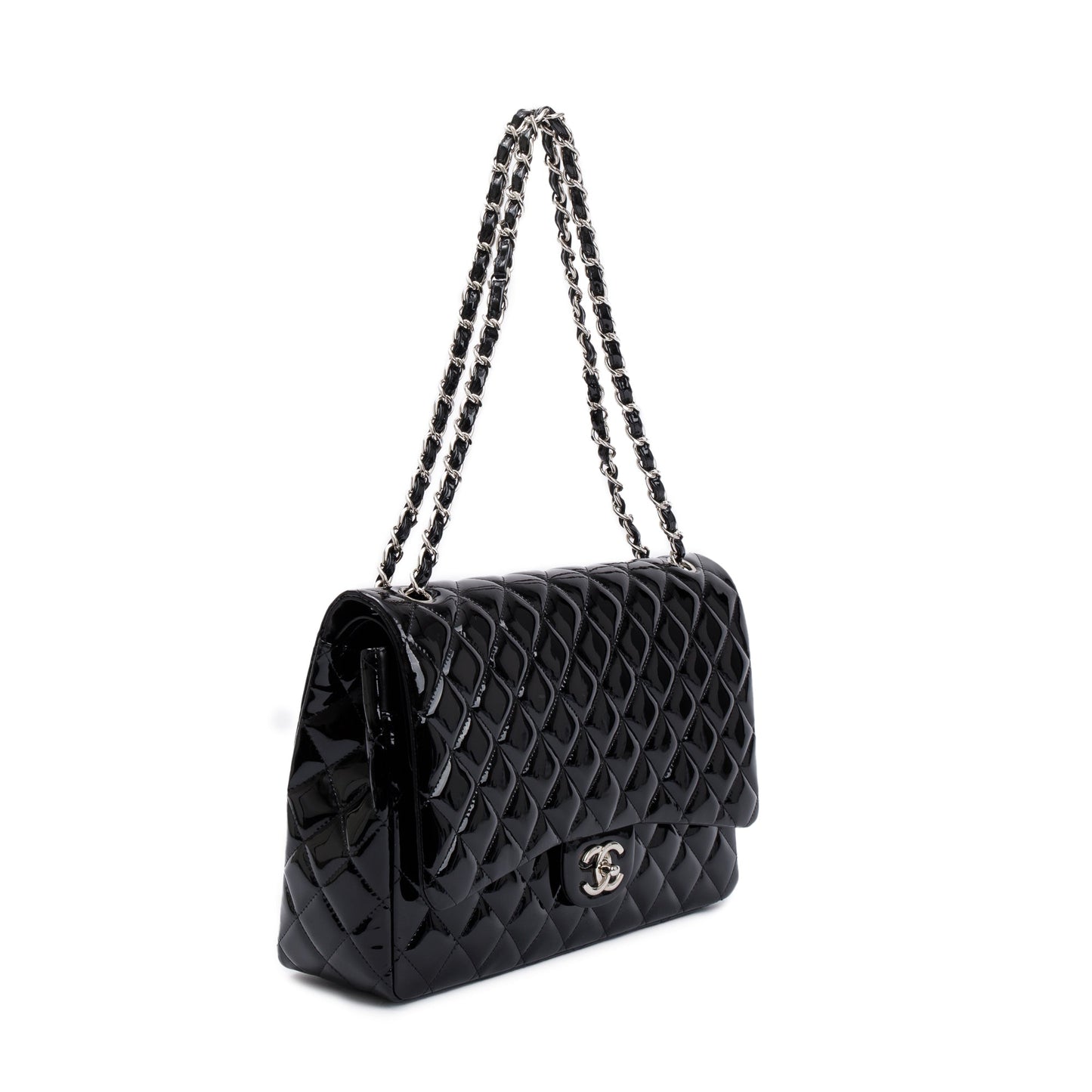 Chanel Black Quilted Patent Leather Classic Maxi Double Flap Bag
