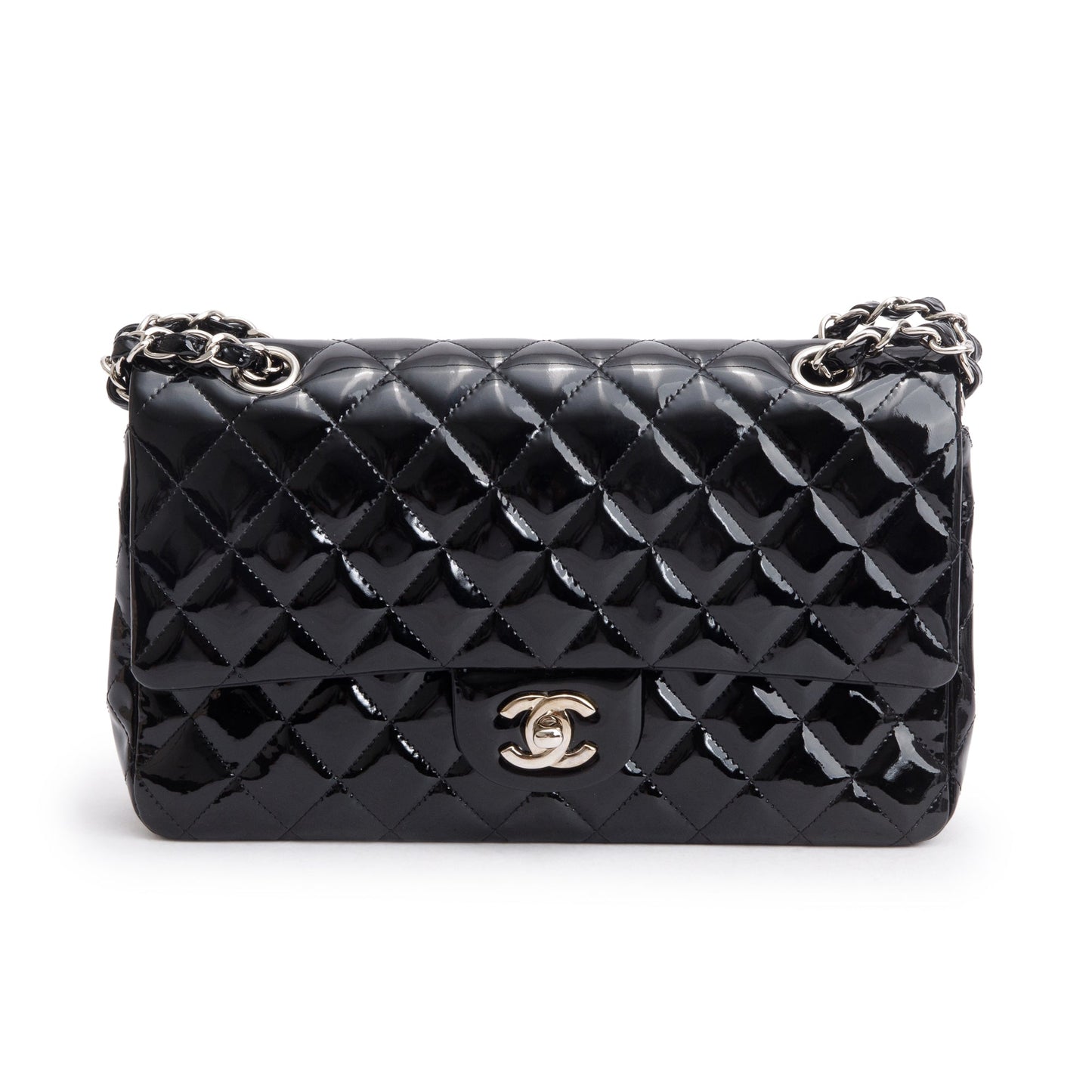 Chanel Black Quilted Patent Leather Classic Medium Double Flap Bag