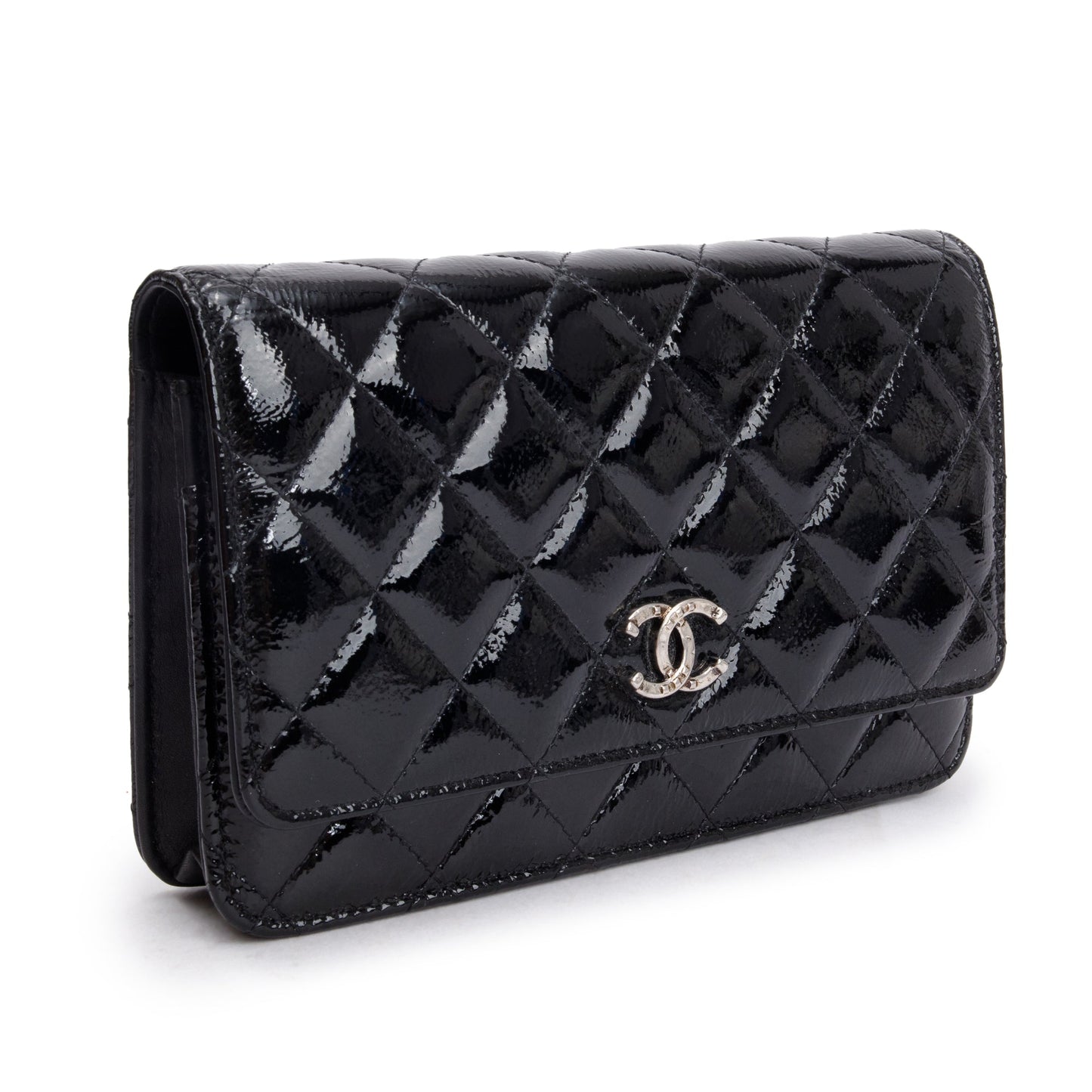 Chanel Black Quilted Patent Leather Classic Wallet on Chain