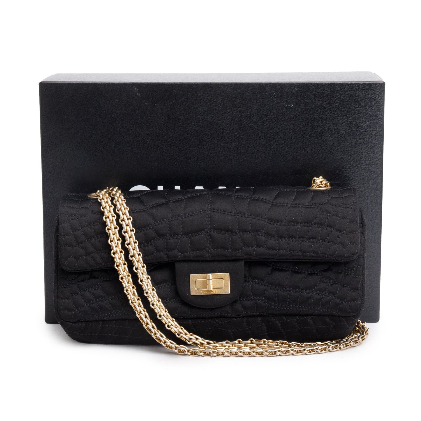 Chanel Black Satin Coco's Croc 2.55 Reissue East/West Double Flap Bag