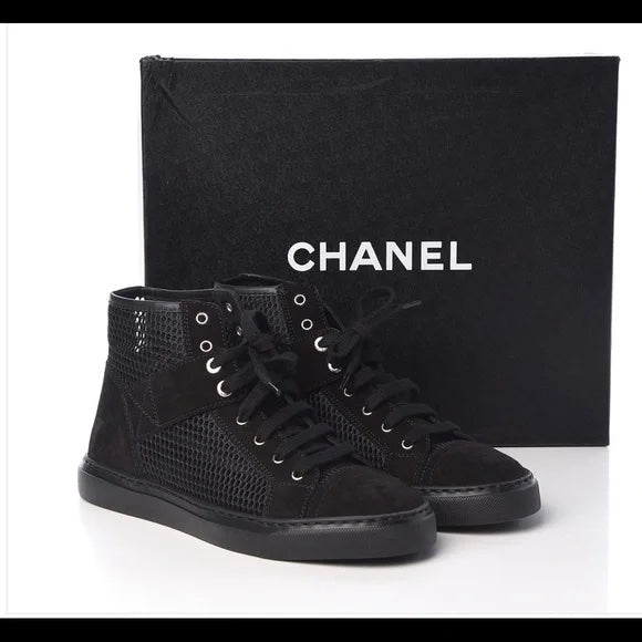 CHANEL SUEDE MESH HIGH-TOP LACE UP SNEAKERS