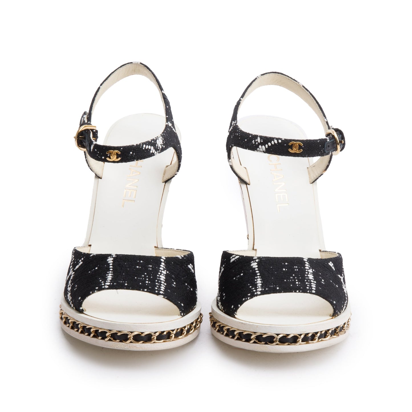 Chanel Black Tweed CC chain Around Slingback Wedge Sandals, Size 36.5