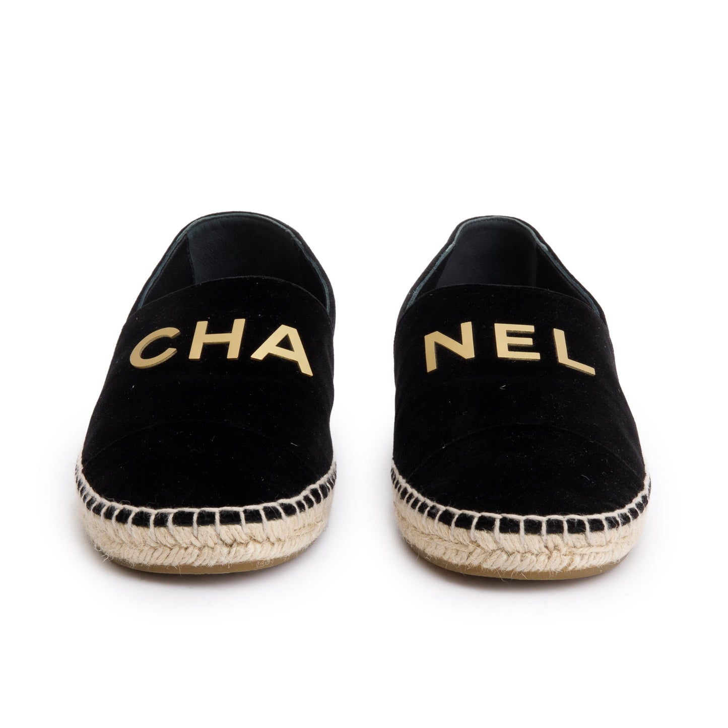 Chanel Black Velvet Graphic Logo Espadrilles, Size 38