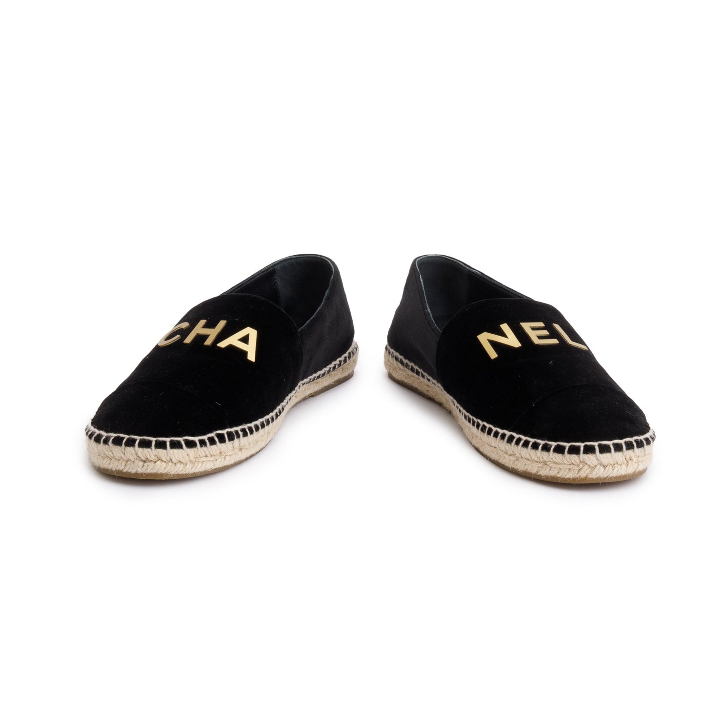 Chanel Black Velvet Graphic Logo Espadrilles, Size 38