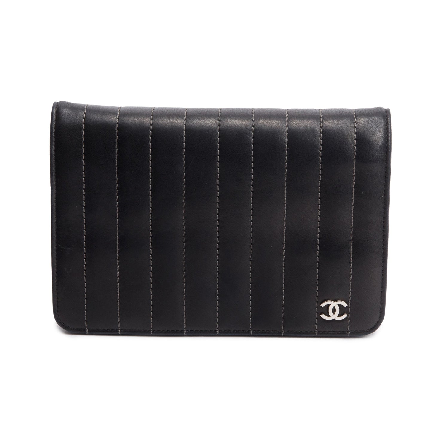 Chanel Black Vertical Quilted Lambskin Leather Wallet on Chain