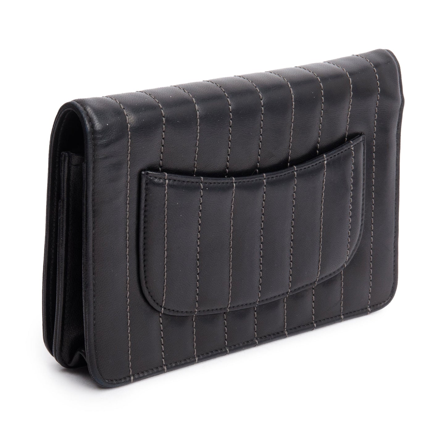 Chanel Black Vertical Quilted Lambskin Leather Wallet on Chain