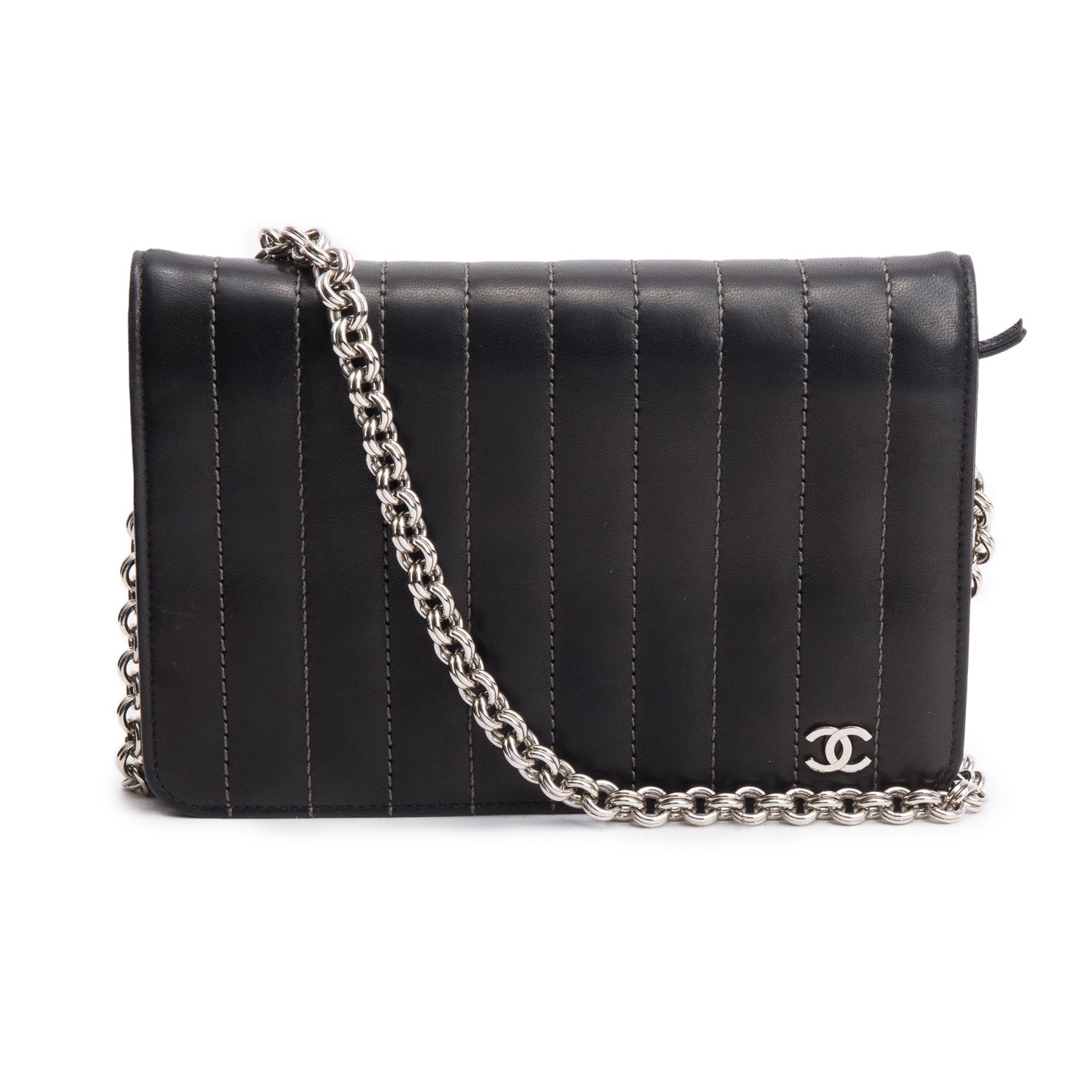 Chanel Black Vertical Quilted Lambskin Leather Wallet on Chain