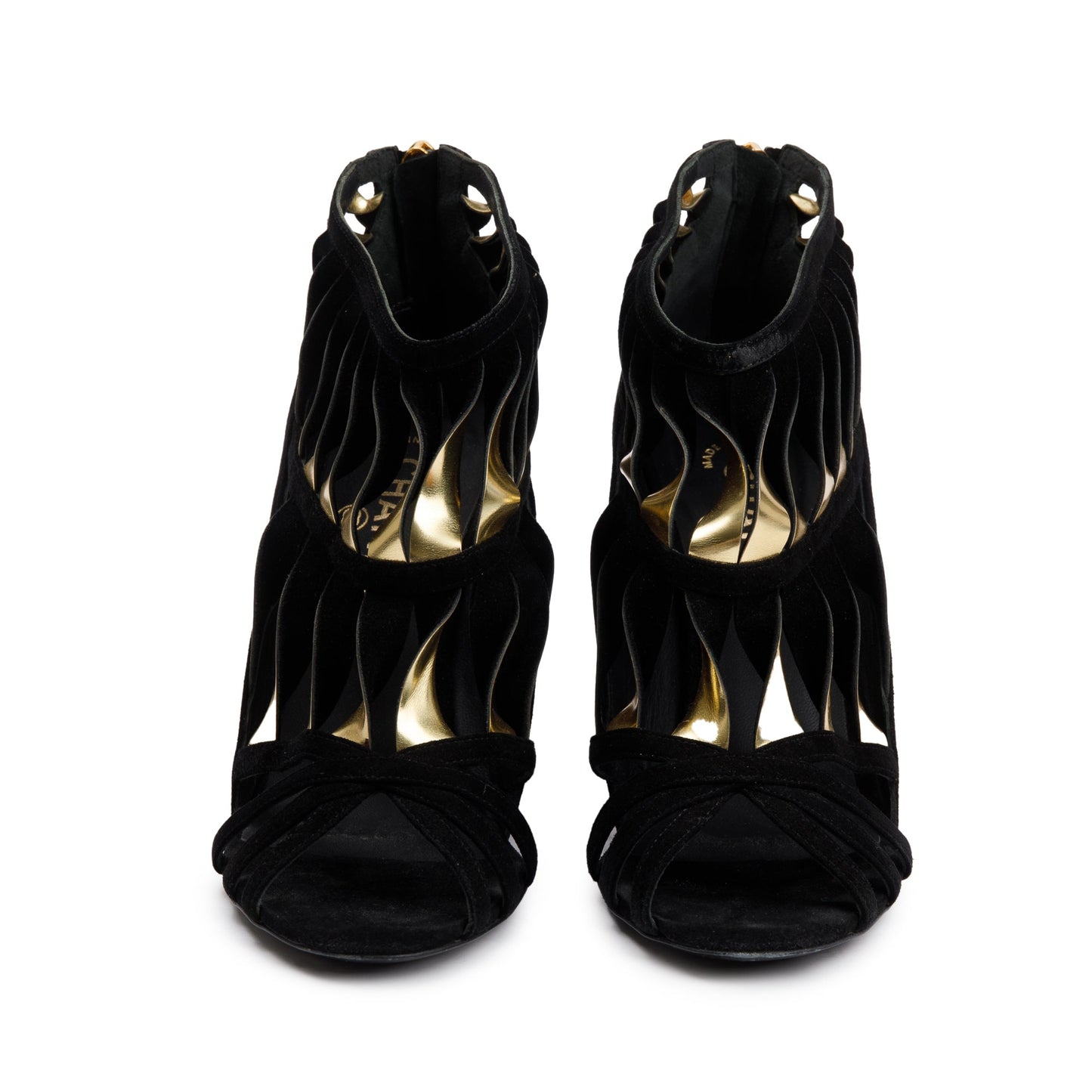 Chanel Black/Gold Suede Leather CC Strappy Wedge Sandals, Size 39