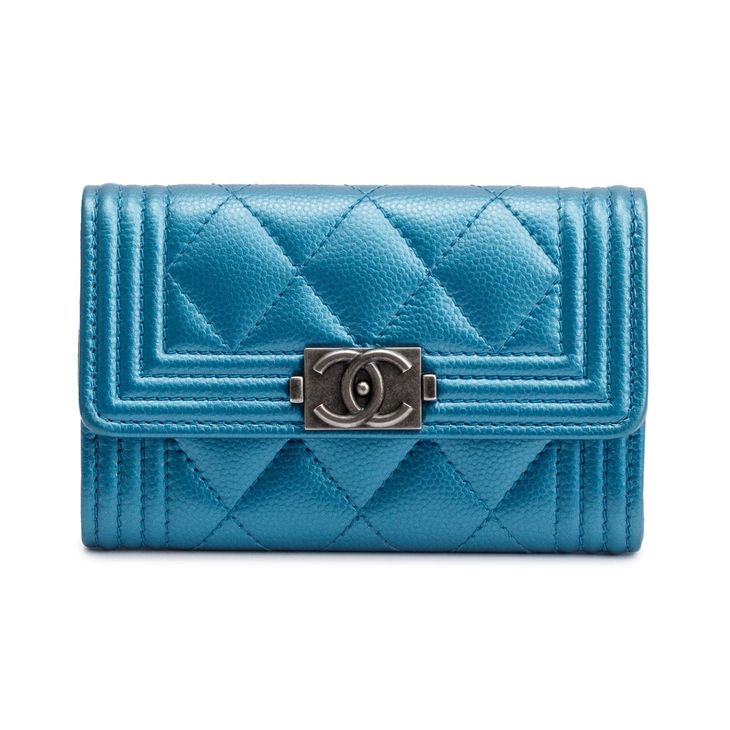 Chanel Blue Metallic Caviar Boy Flap Card Holder