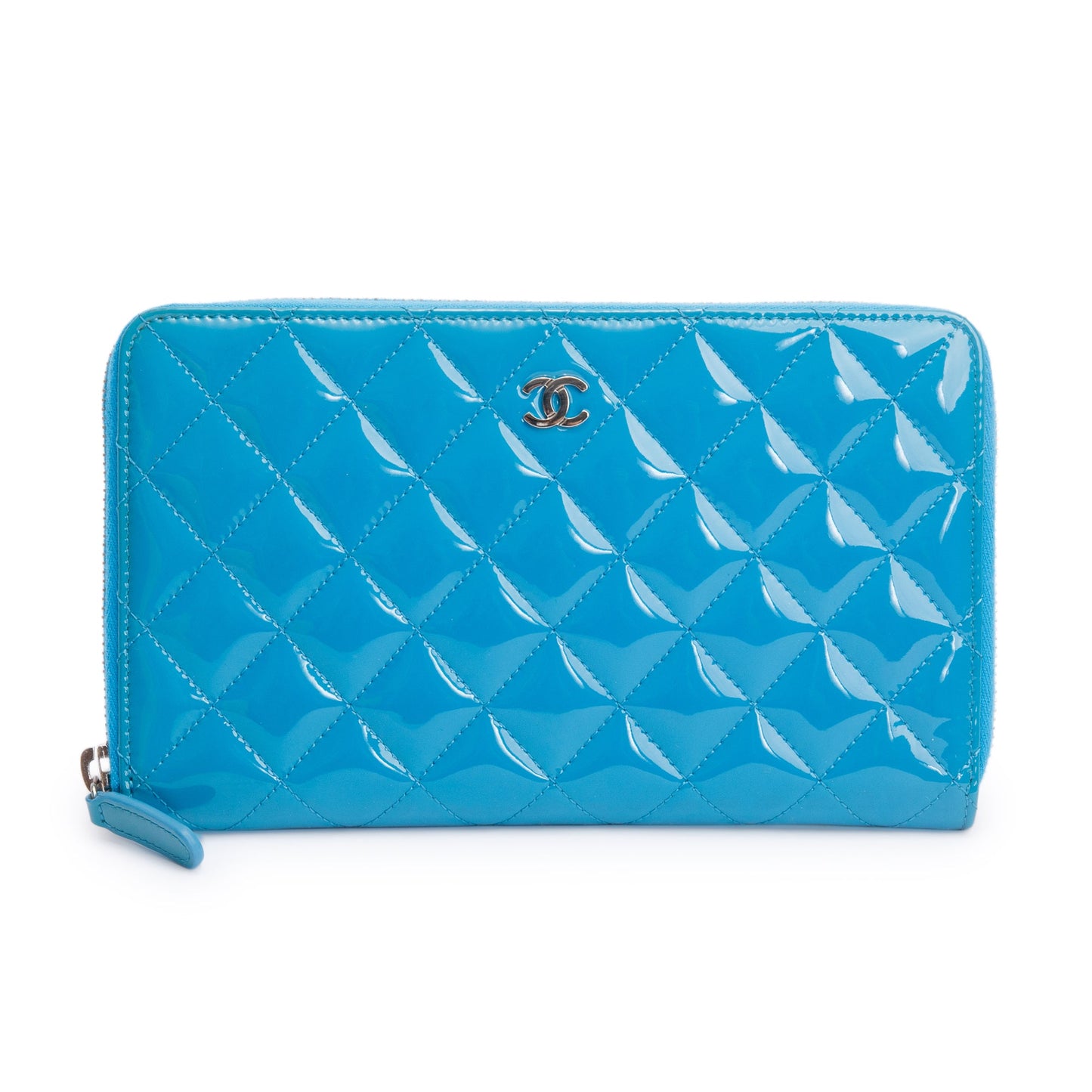 Chanel Blue Patent Leather Large Zip Around Organizer Wallet