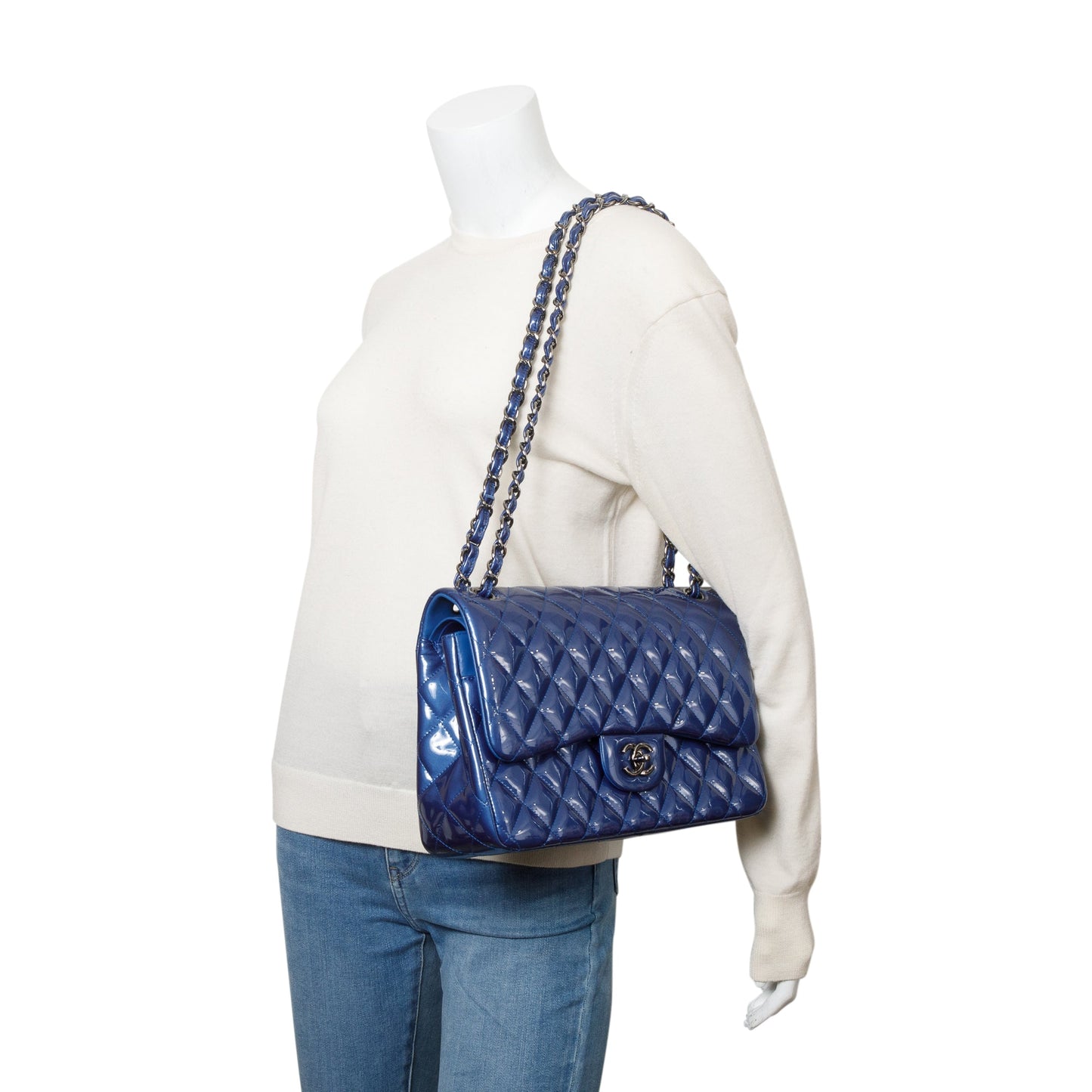 Chanel Blue Quilted Patent Leather Classic Jumbo Double Flap Bag
