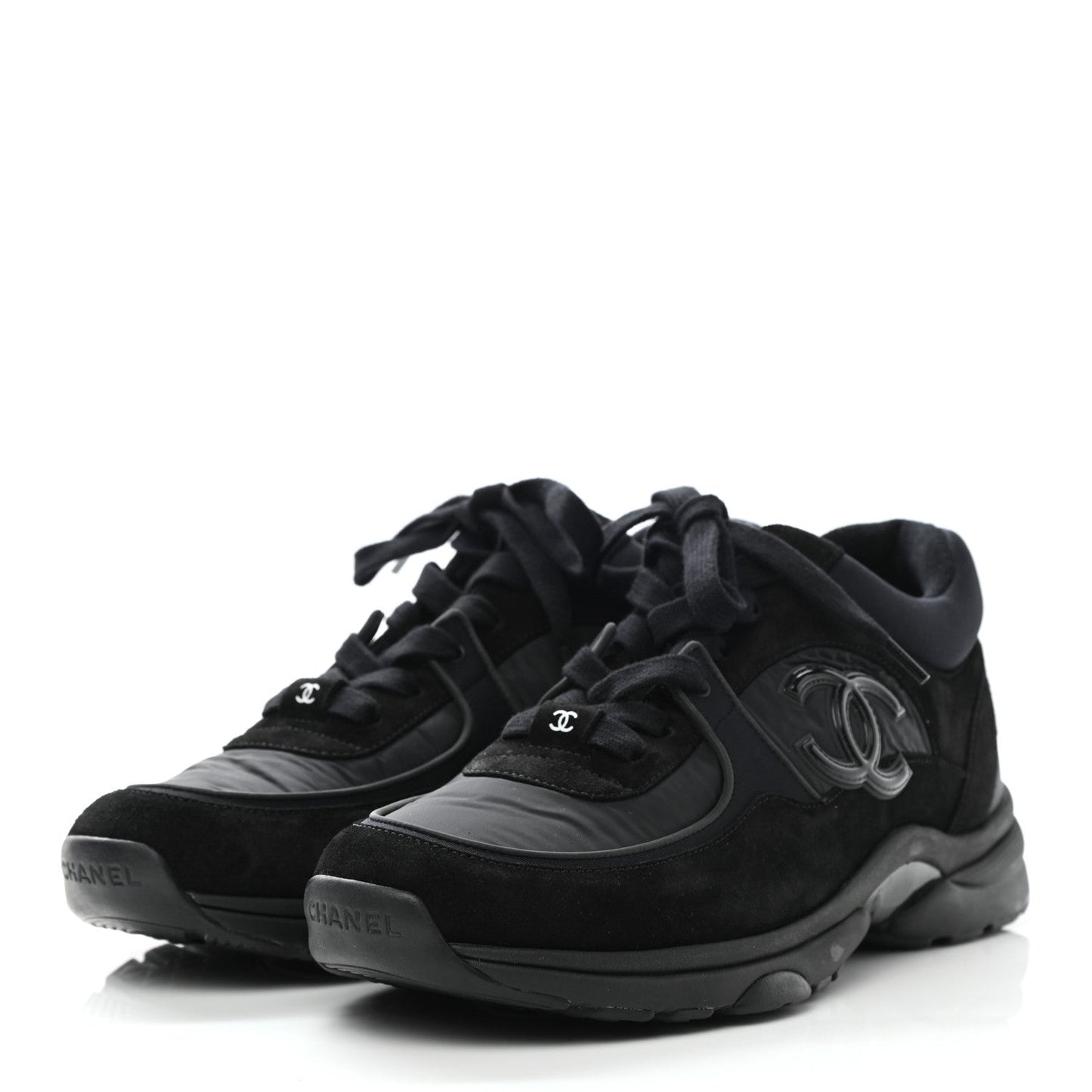 CHANEL Nylon Calfskin Suede CC TRIPLE BLACK TRAINER