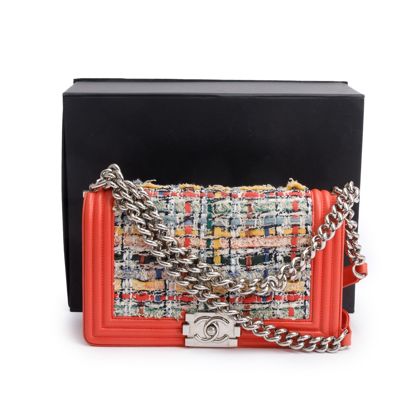 Chanel Coral Calfskin Leather Tweed Medium Boy Bag
