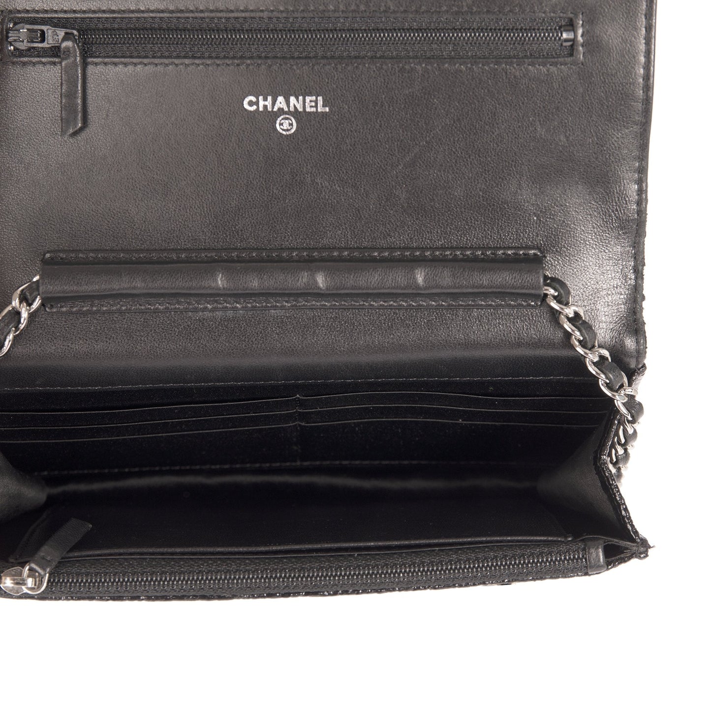 Chanel Distressed Patent Classic Wallet on Chain