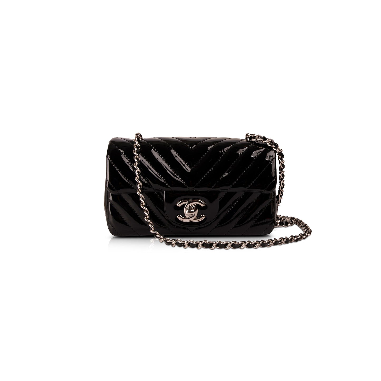 Chanel Extra Mini Black Chevron Patent Leather Classic Single Flap Bag