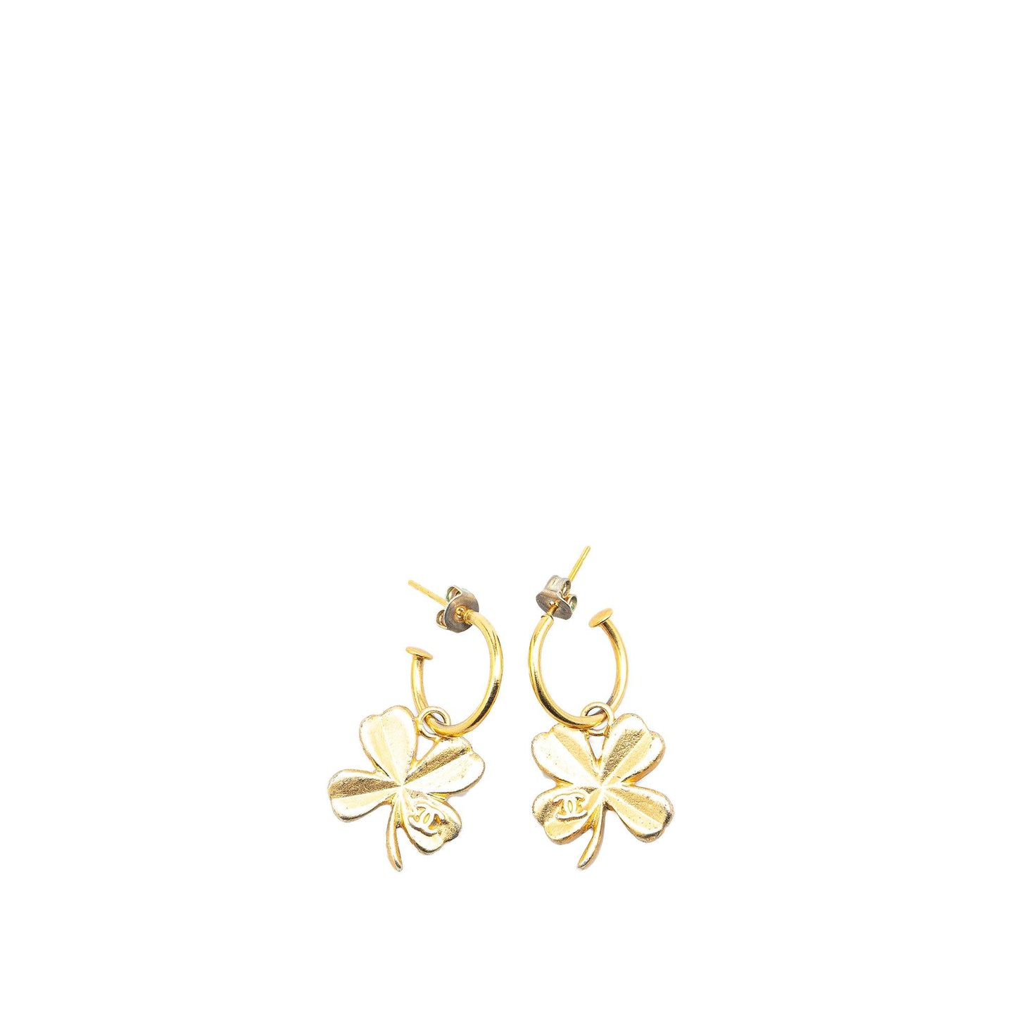 Chanel Gold Plated Clover Hoop Push Back Earrings