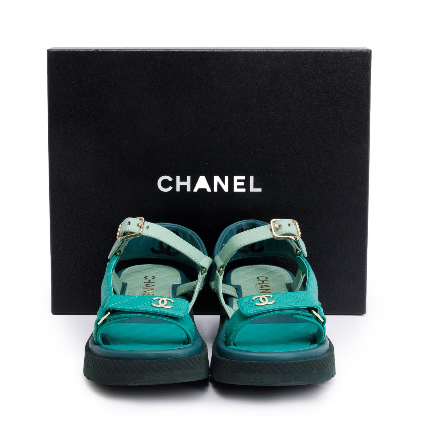 Chanel Green Lambskin Leather Dad Interlocking CC Logo Sandals, Size 37.5