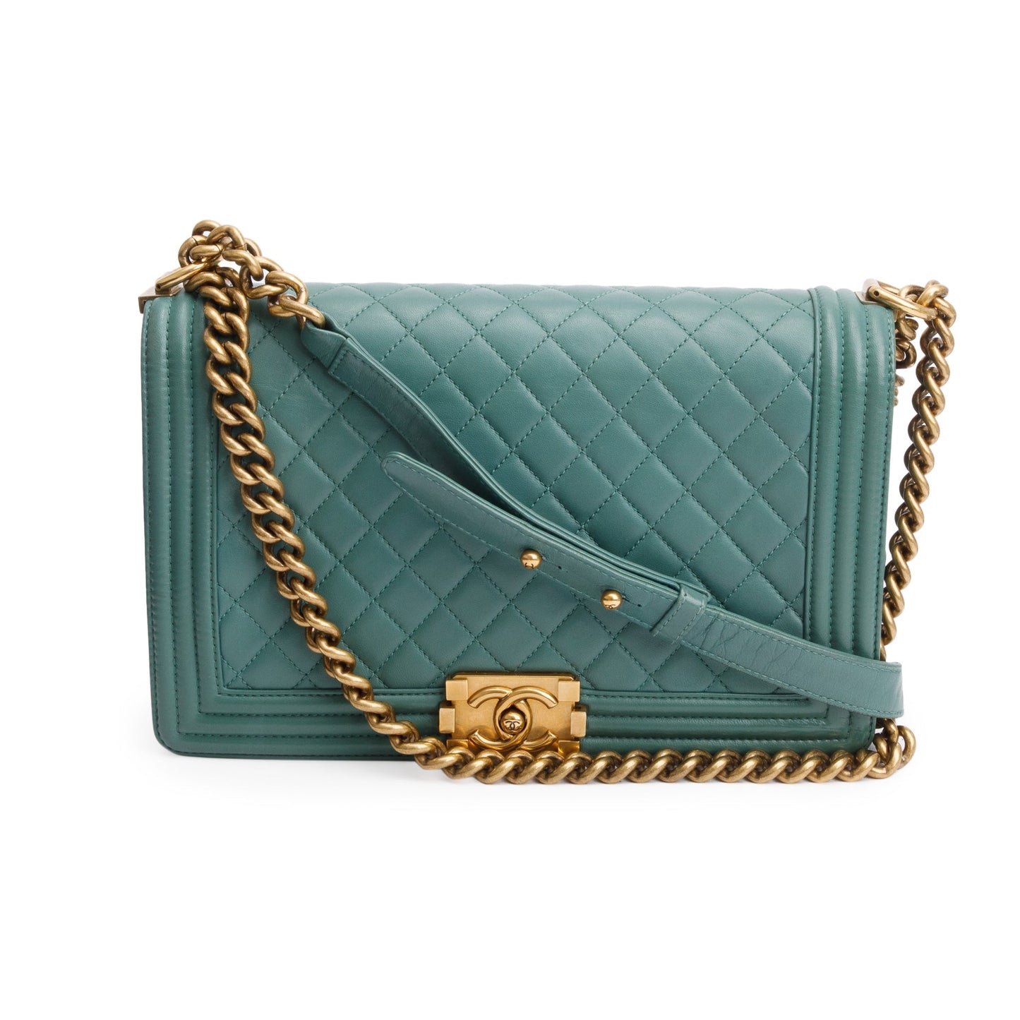 Chanel Green Quilted Lambskin Leather Large Boy Bag