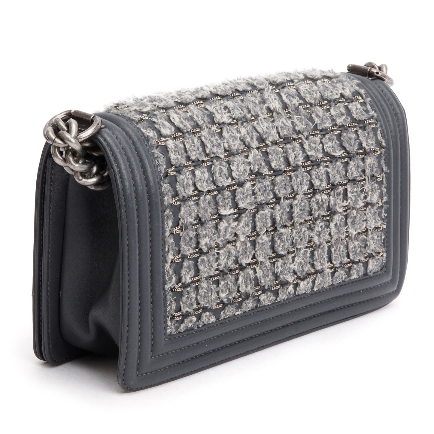 Chanel Grey Calfskin Leather Braided Tweed Old Medium Boy Bag