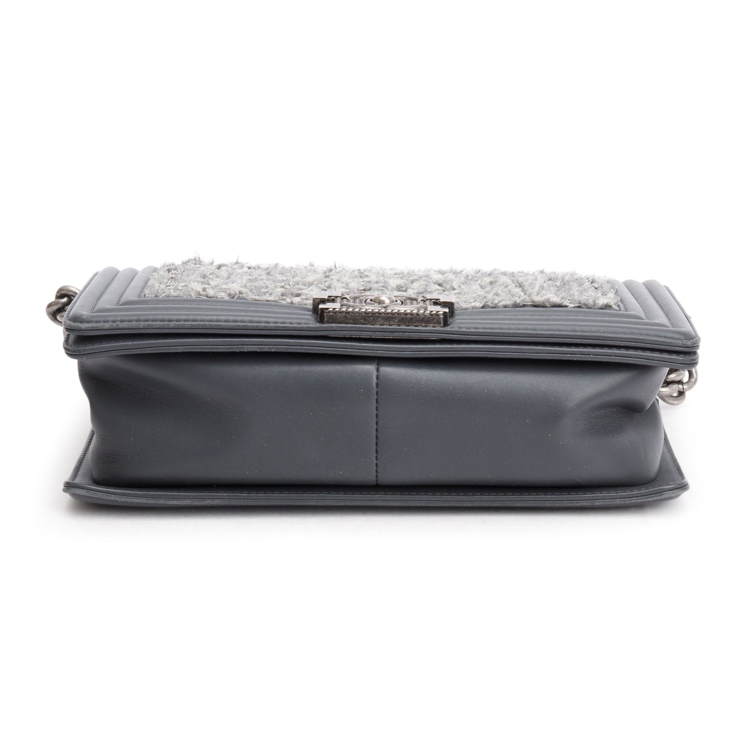 Chanel Grey Calfskin Leather Braided Tweed Old Medium Boy Bag