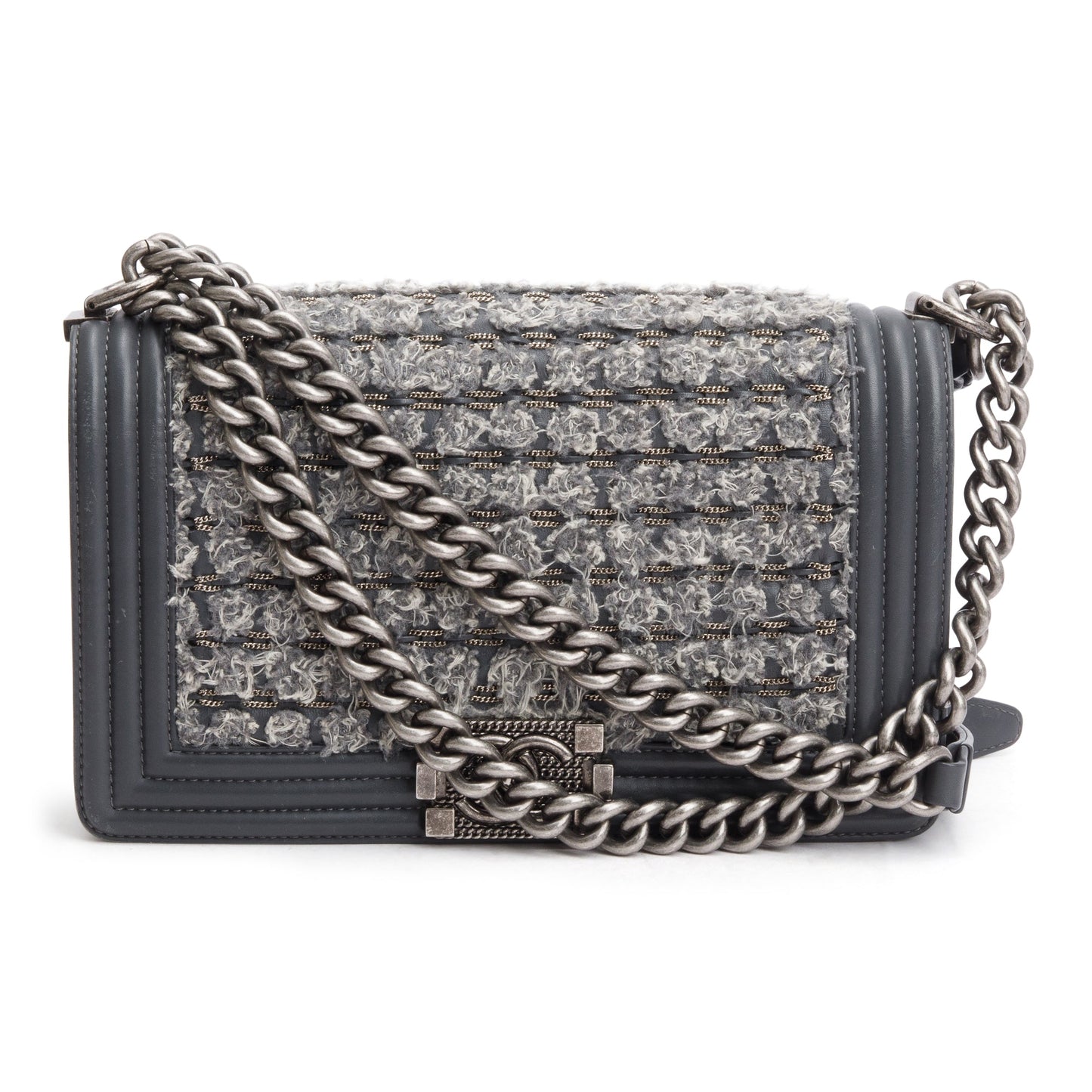 Chanel Grey Calfskin Leather Braided Tweed Old Medium Boy Bag
