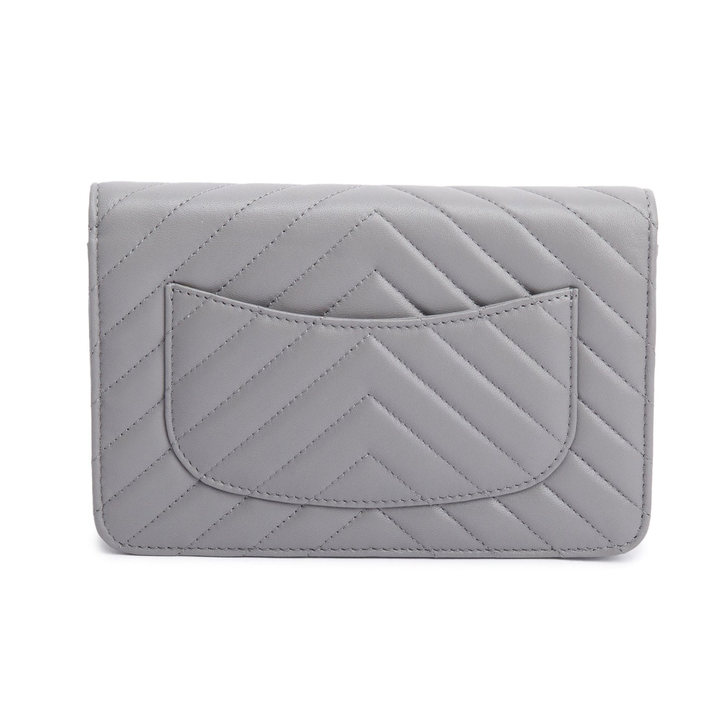 Chanel Grey Chevron Lambskin Leather Classic Wallet on Chain