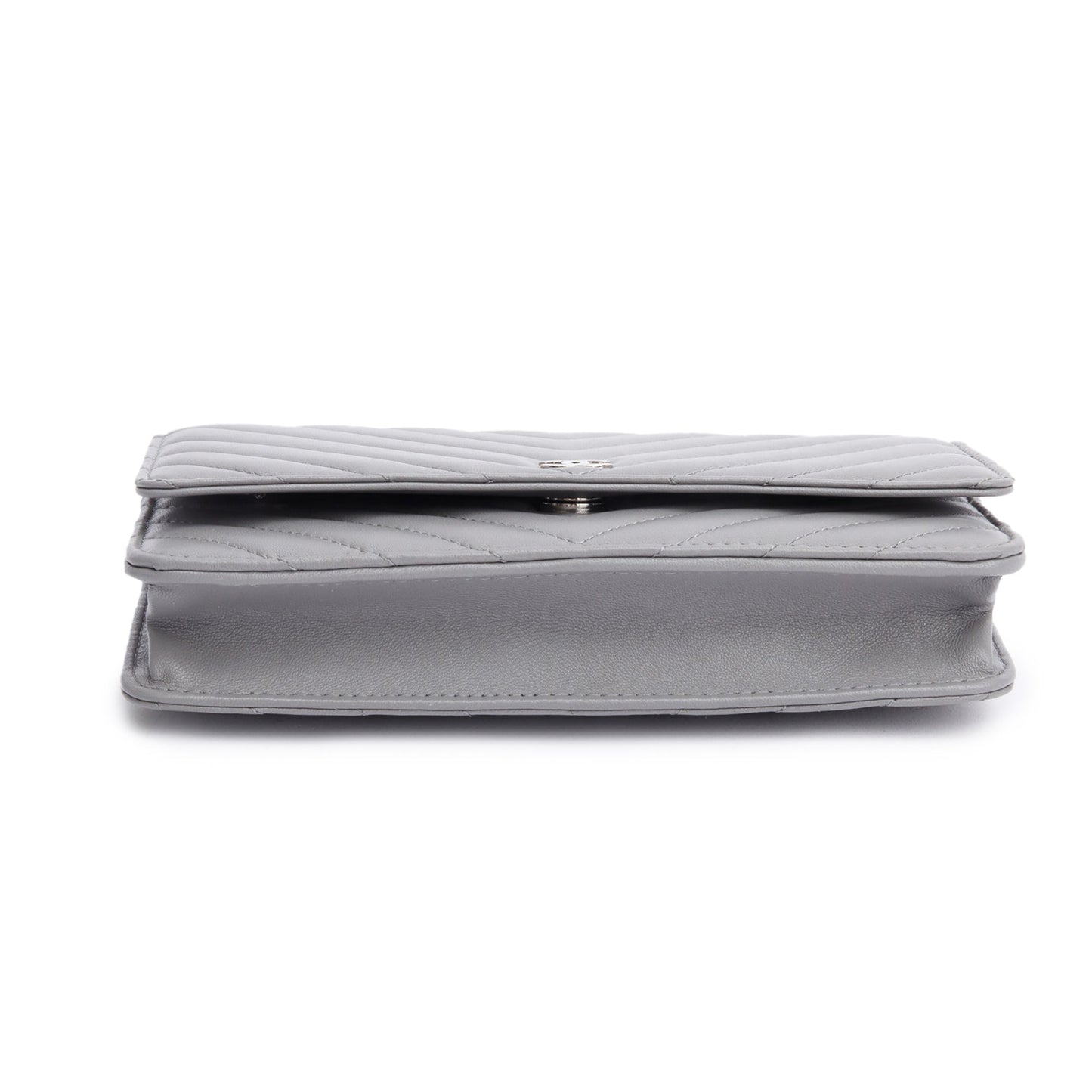 Chanel Grey Chevron Lambskin Leather Classic Wallet on Chain