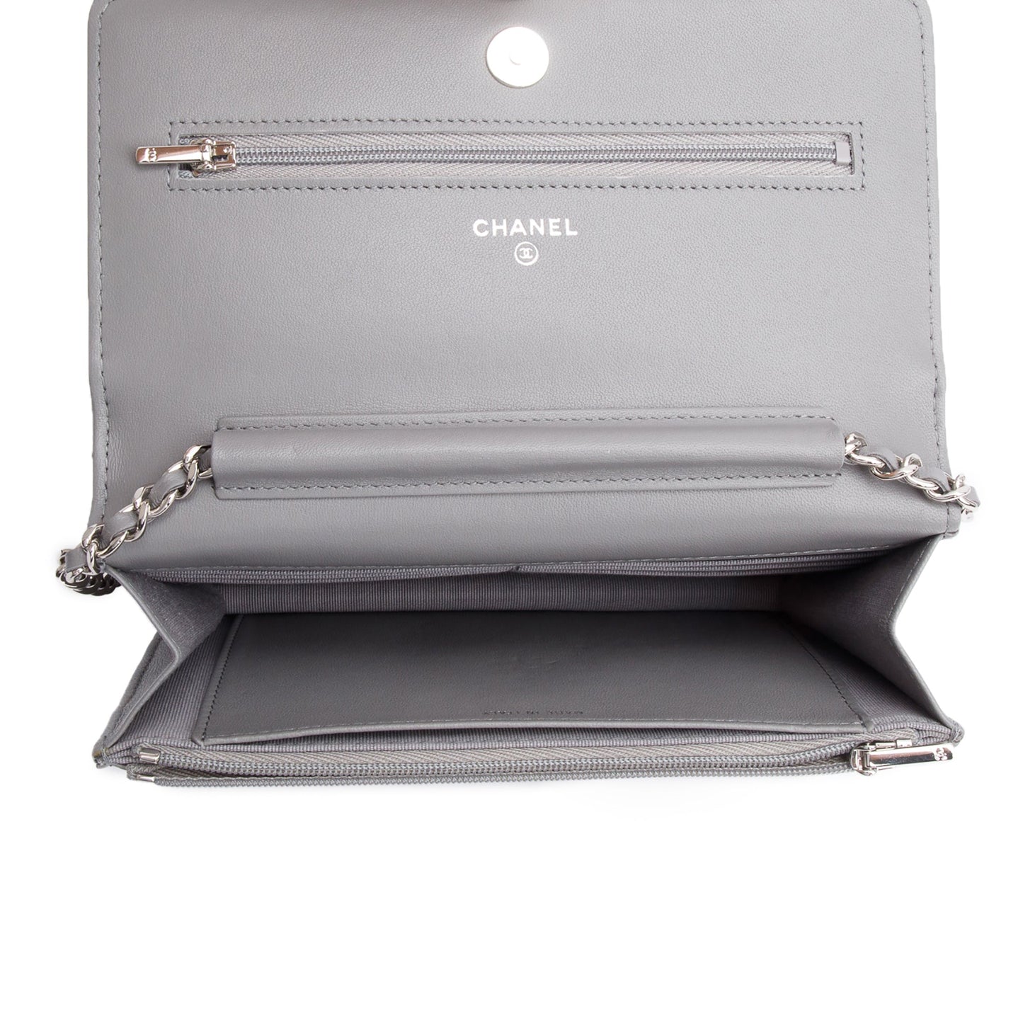 Chanel Grey Chevron Lambskin Leather Classic Wallet on Chain