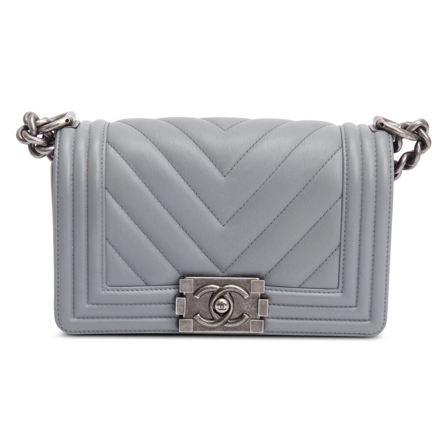 Chanel Grey Chevron Quilted Calfskin Leather Small Boy Bag