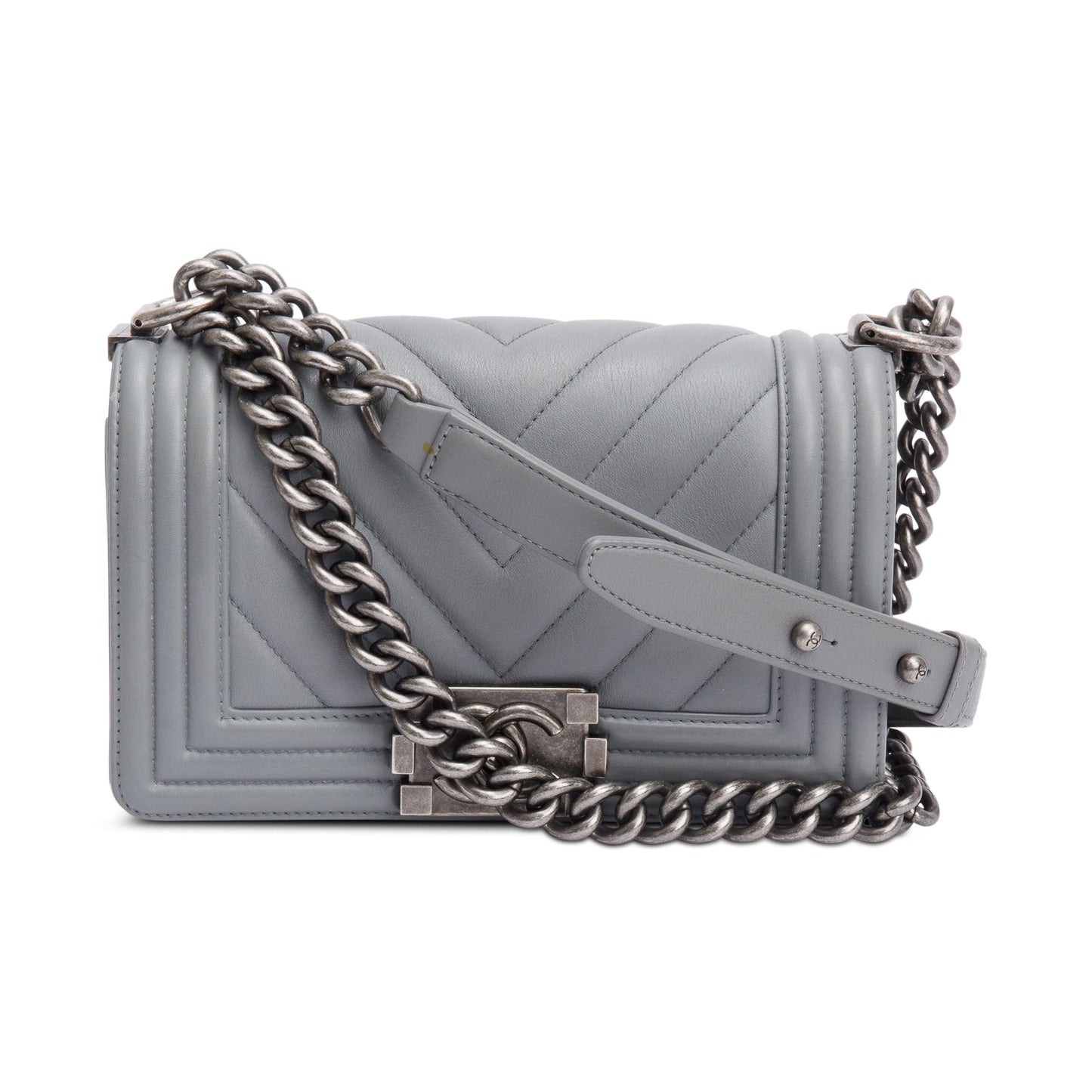 Chanel Grey Chevron Quilted Calfskin Leather Small Boy Bag