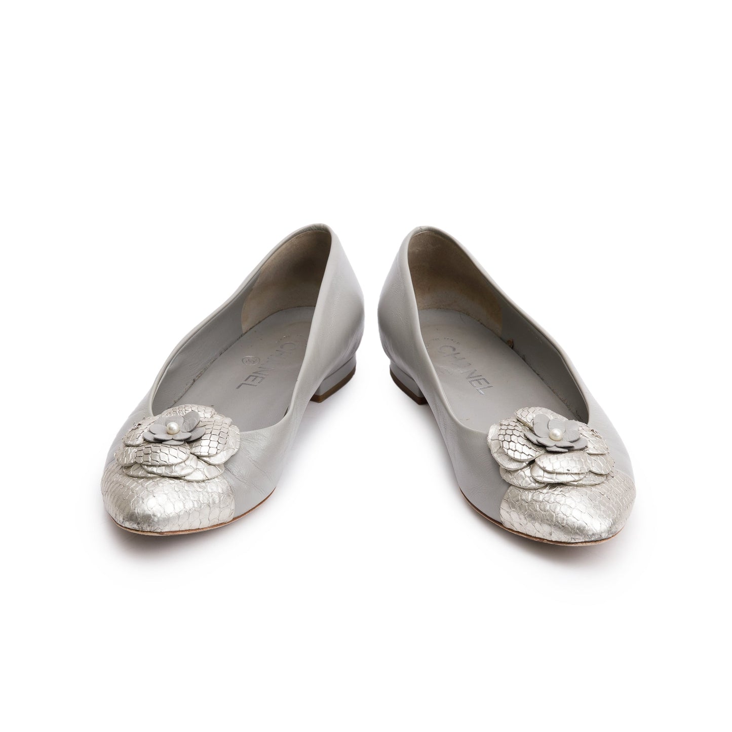 Chanel Grey Leather Silver Python Trim CC Camellia Flats, Size 38