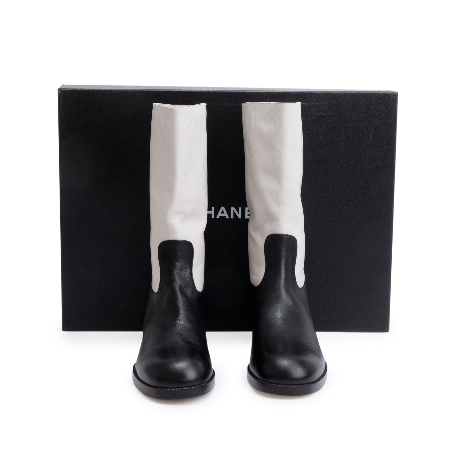 Chanel Grey/Black Leather Interlocking CC Logo Mid Calf Boots, Size 40