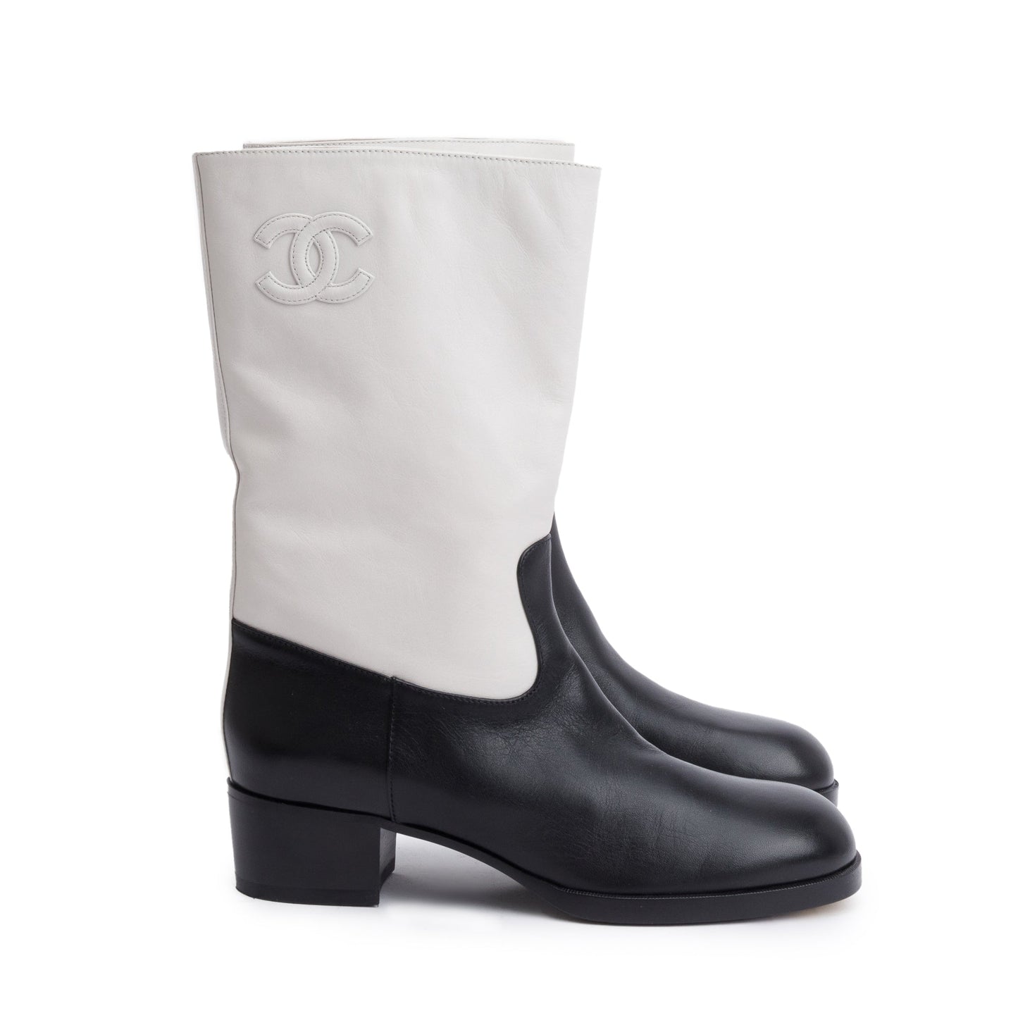 Chanel Grey/Black Leather Interlocking CC Logo Mid Calf Boots, Size 40