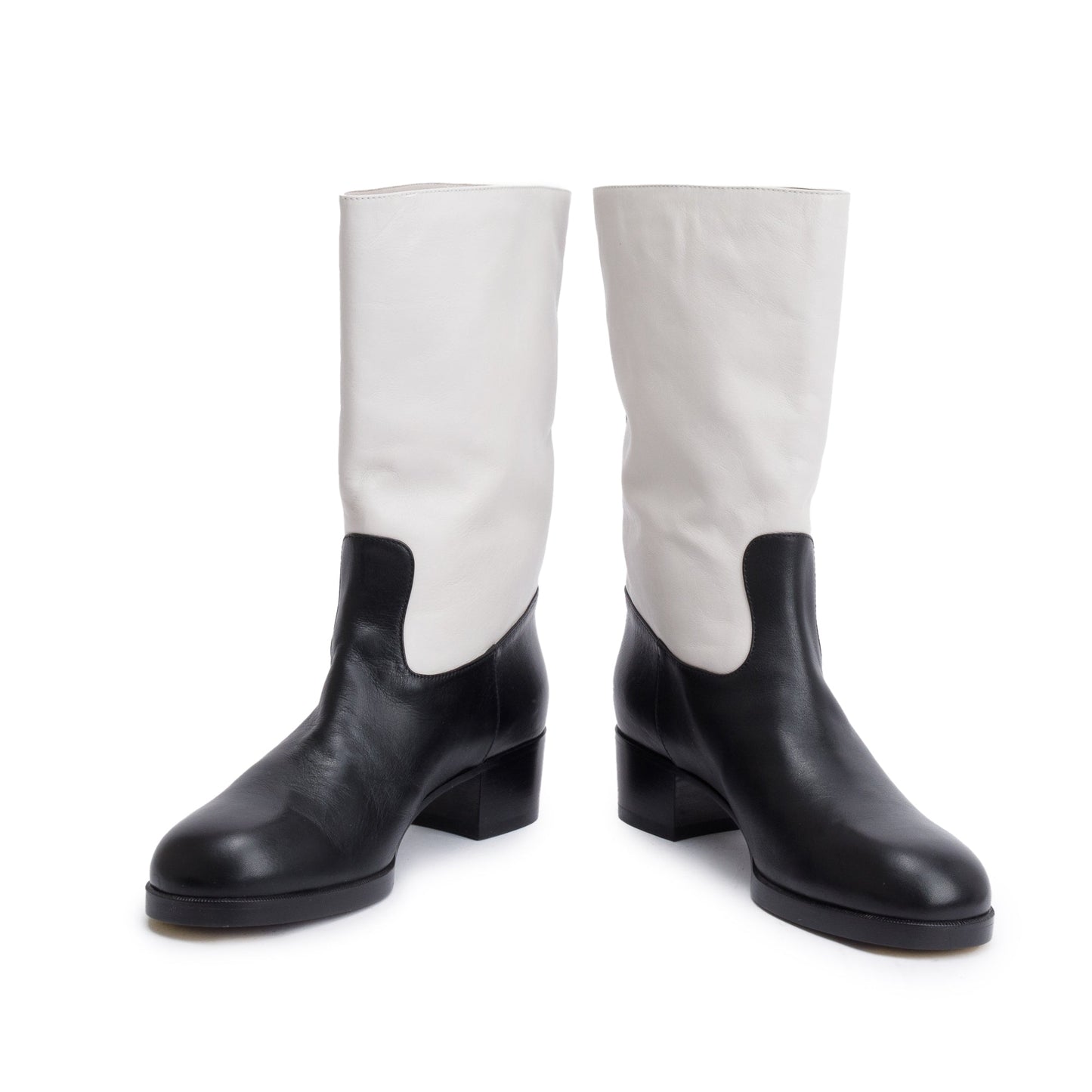 Chanel Grey/Black Leather Interlocking CC Logo Mid Calf Boots, Size 40
