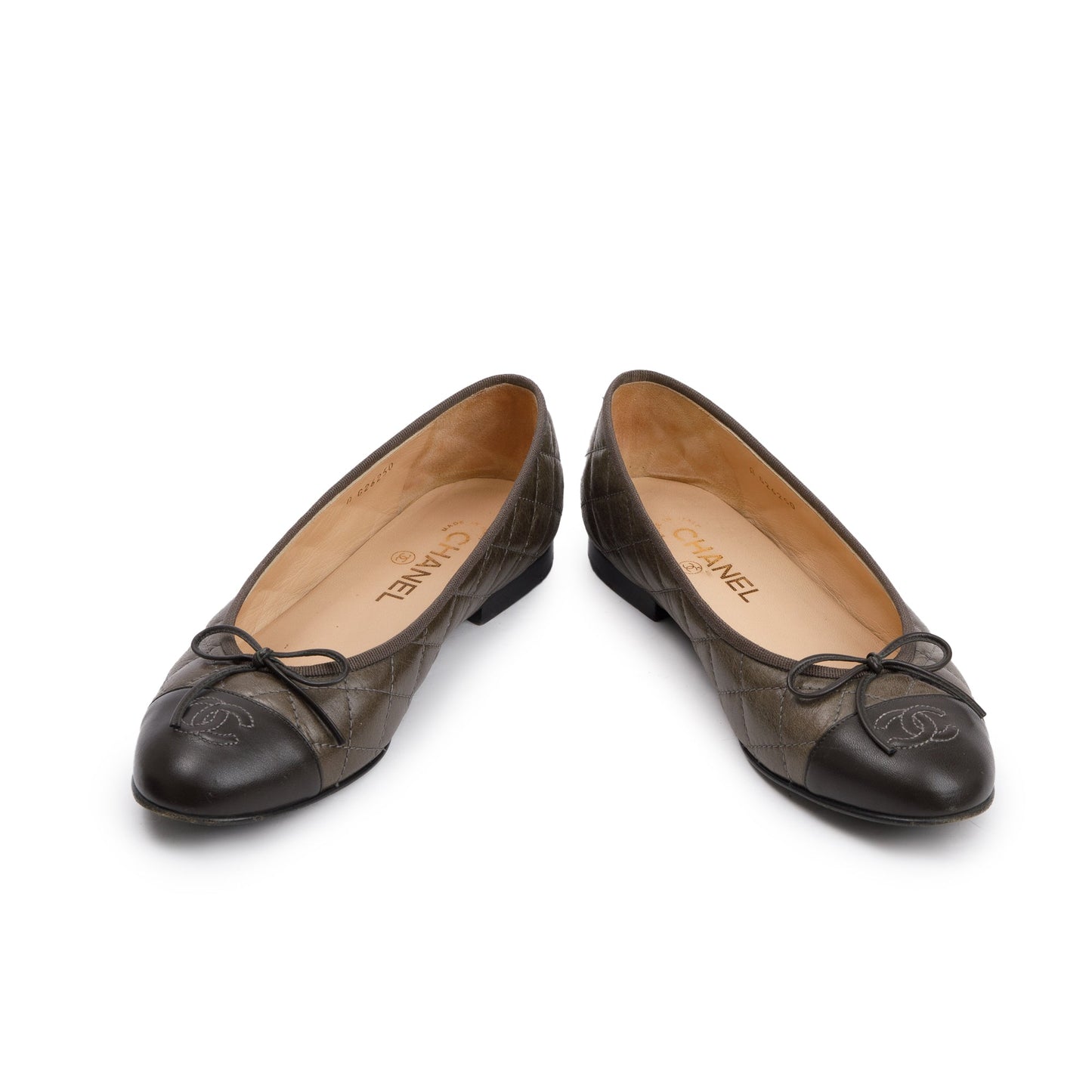Chanel Grey/Brown Quilted Lambskin Interlocking CC Logo Flats, Size 40.5
