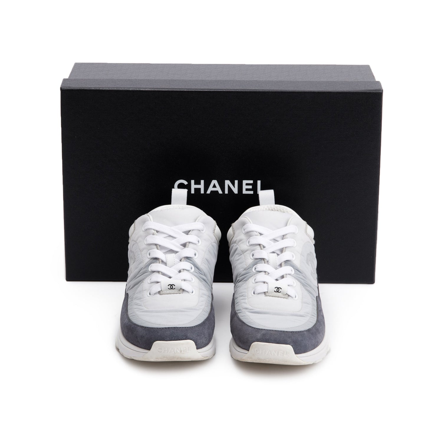 Chanel Grey/White Calfskin Nylon Suede CC Logo Sneakers, Size 37