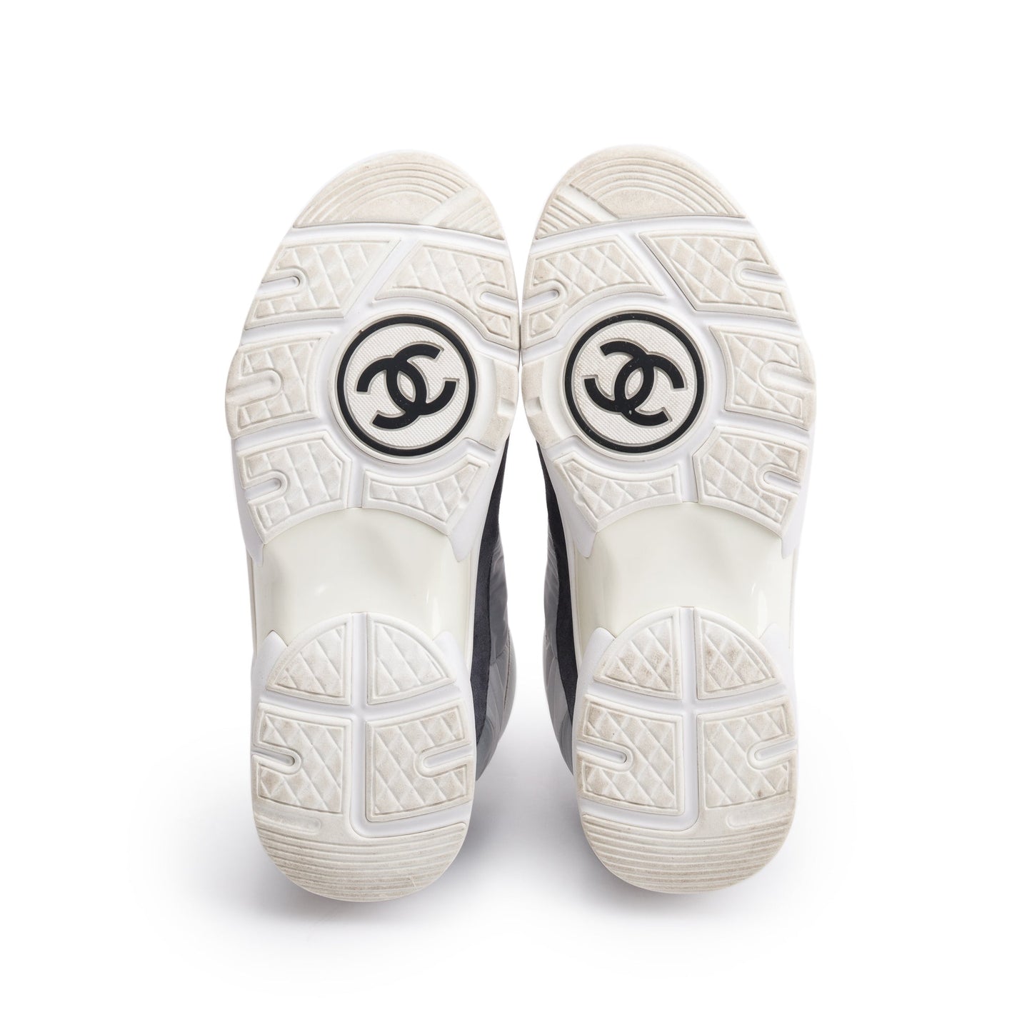 Chanel Grey/White Calfskin Nylon Suede CC Logo Sneakers, Size 37