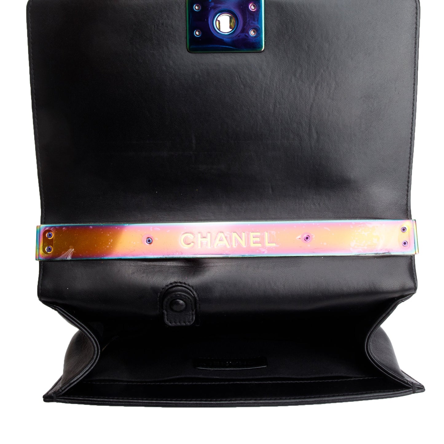 Chanel Iridescent Metal Black Lambskin Leather LED Medium Boy Bag