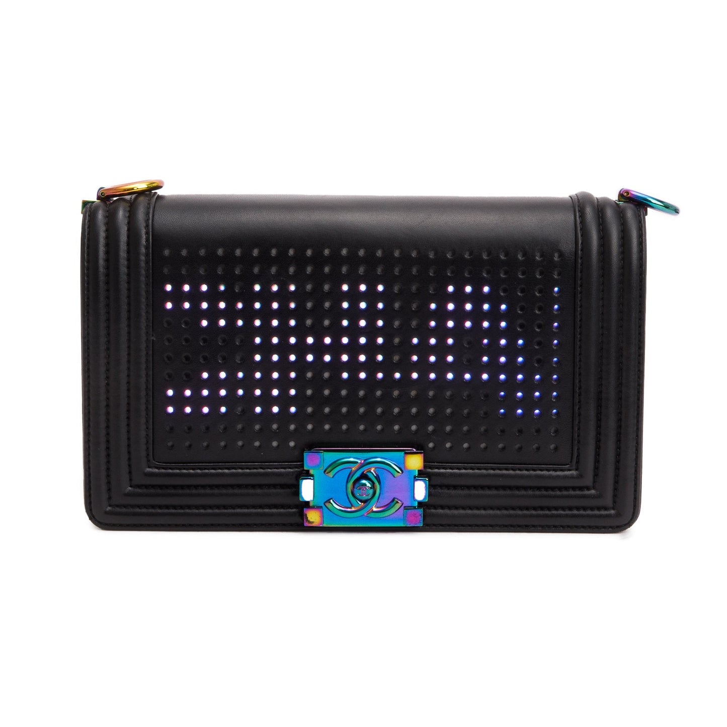Chanel Iridescent Metal Black Lambskin Leather LED Medium Boy Bag
