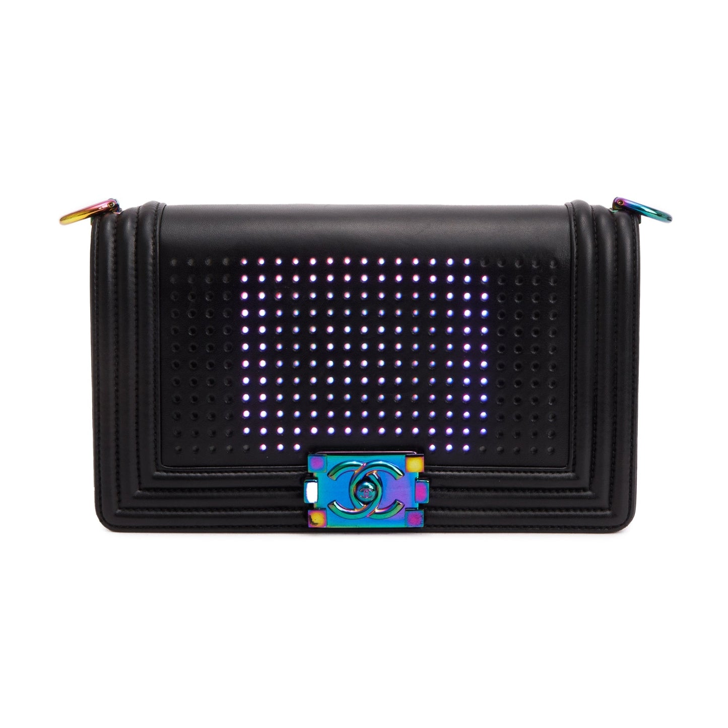 Chanel Iridescent Metal Black Lambskin Leather LED Medium Boy Bag
