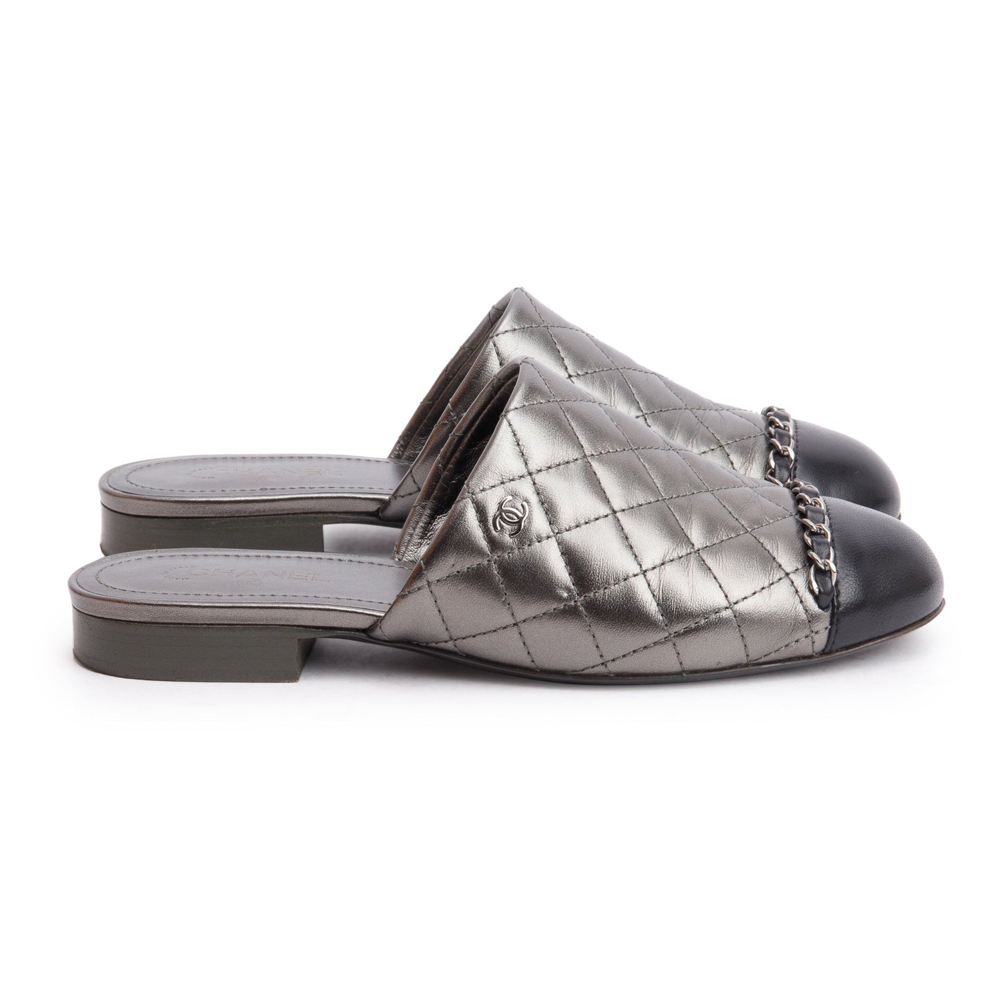 Chanel Iridescent Silver Quilted Calfskin Leather Interlocking CC Logo Mules, Size 36