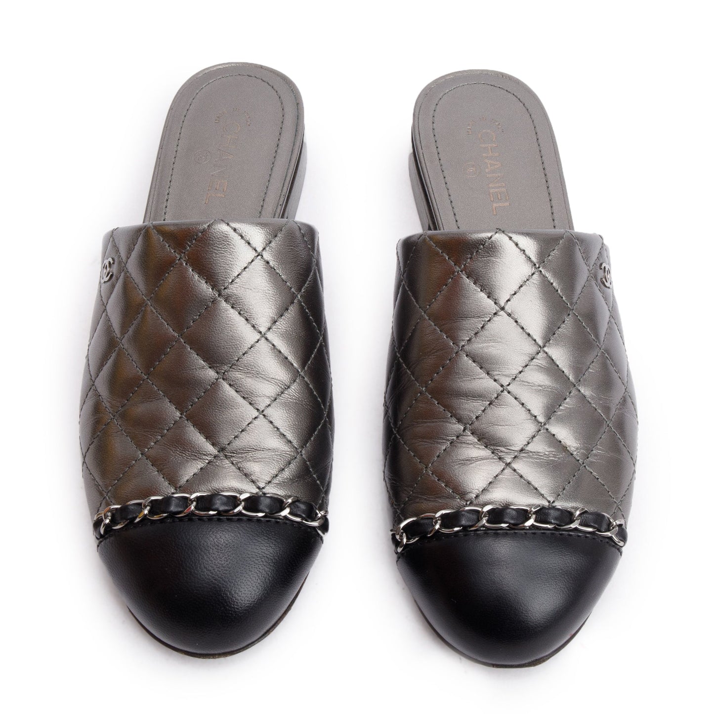 Chanel Iridescent Silver Quilted Calfskin Leather Interlocking CC Logo Mules, Size 36