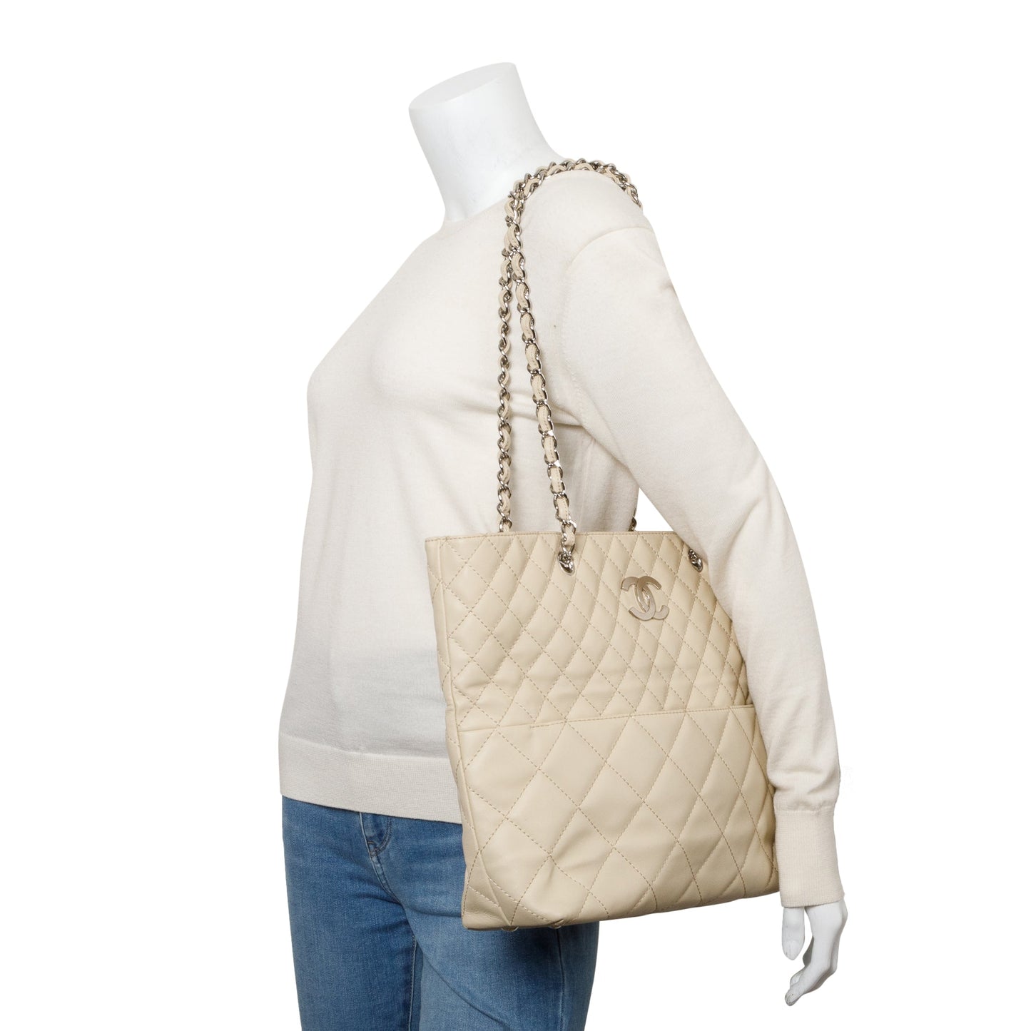 Chanel Ivory Quilted Calfskin Leather In the Business North South Tote
