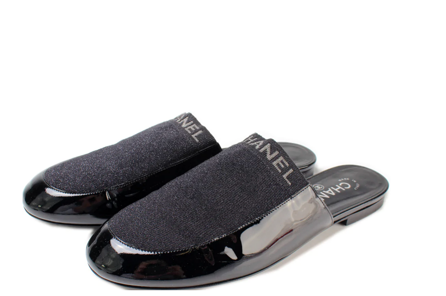 CHANEL PATENT MULES SLIDES