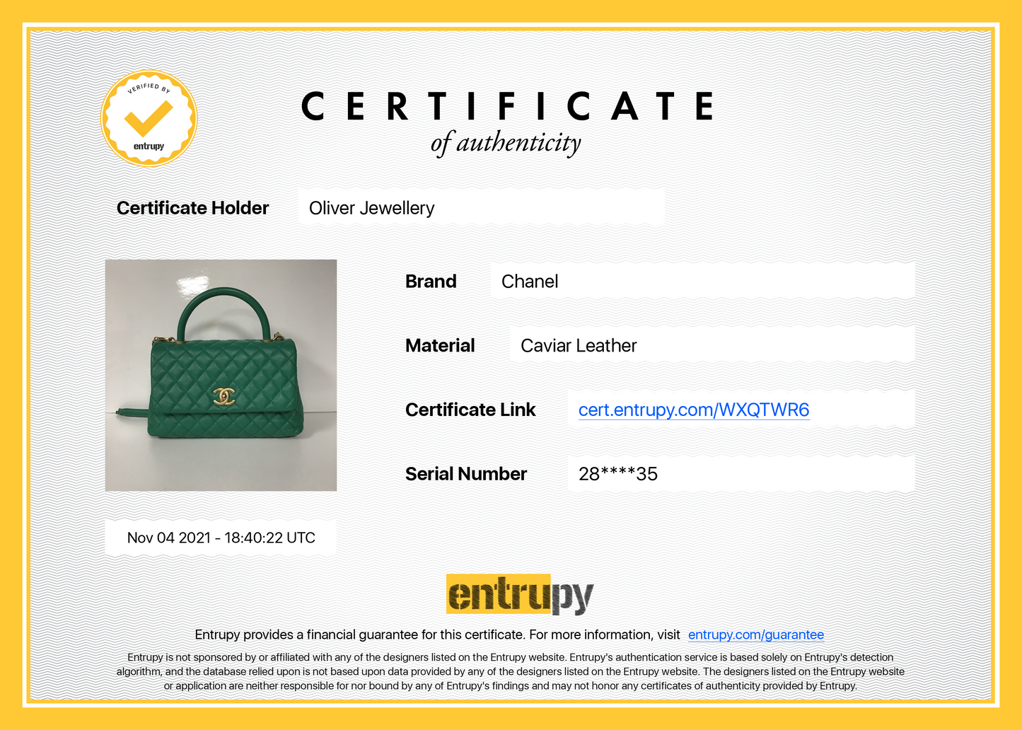 Chanel Medium Green Caviar Coco Handle Bag